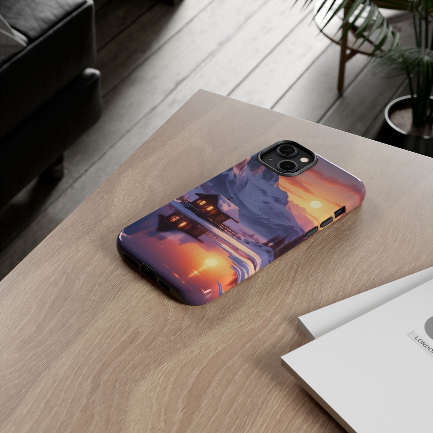 Carcasa para teléfono con diseño de cabaña en la montaña nevada, fundas resistentes para amantes de la naturaleza, cubierta de teléfono con paisaje pintoresco, regalo para excursionistas, accesorio para aventuras al aire libre.