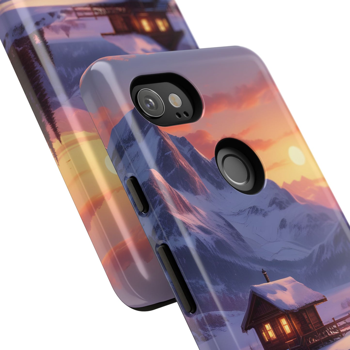 Carcasa para teléfono con diseño de cabaña en la montaña nevada, fundas resistentes para amantes de la naturaleza, cubierta de teléfono con paisaje pintoresco, regalo para excursionistas, accesorio para aventuras al aire libre.