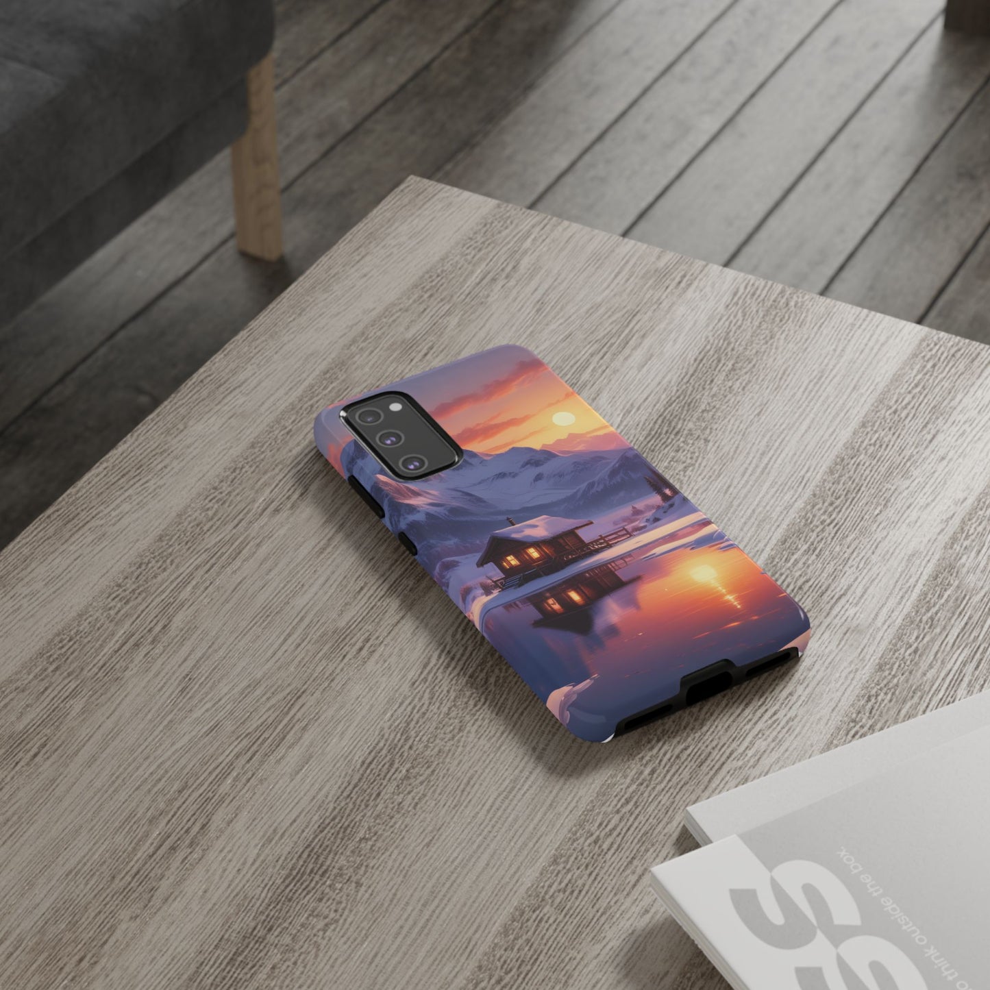 Carcasa para teléfono con diseño de cabaña en la montaña nevada, fundas resistentes para amantes de la naturaleza, cubierta de teléfono con paisaje pintoresco, regalo para excursionistas, accesorio para aventuras al aire libre.