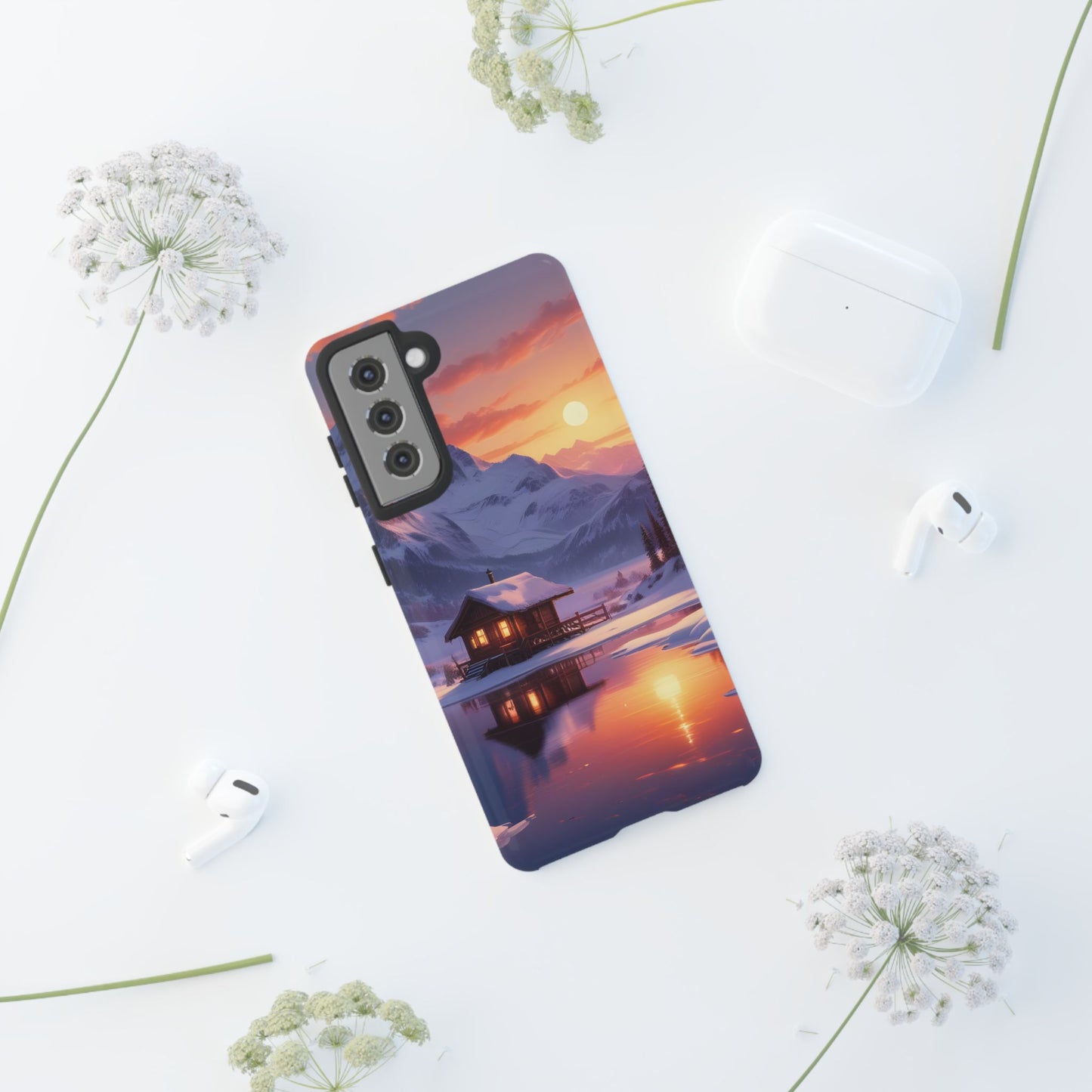 Carcasa para teléfono con diseño de cabaña en la montaña nevada, fundas resistentes para amantes de la naturaleza, cubierta de teléfono con paisaje pintoresco, regalo para excursionistas, accesorio para aventuras al aire libre.