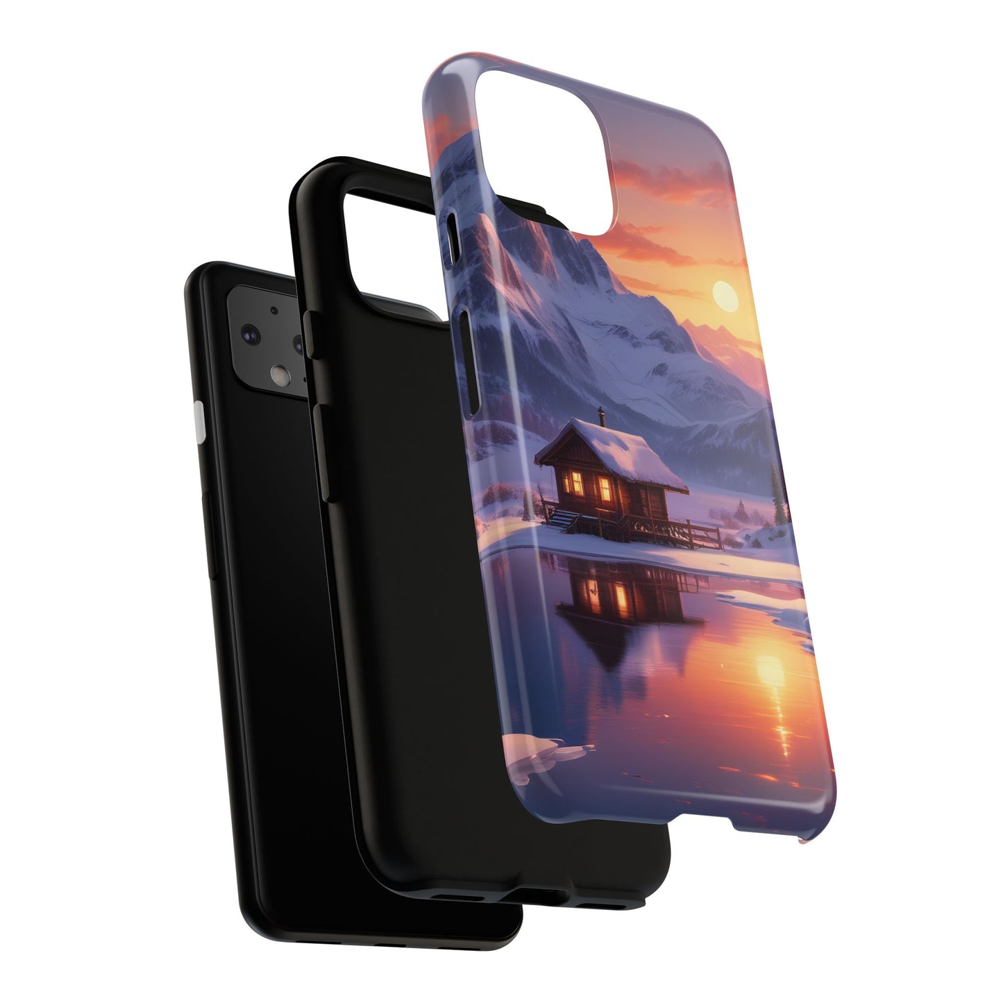 Carcasa para teléfono con diseño de cabaña en la montaña nevada, fundas resistentes para amantes de la naturaleza, cubierta de teléfono con paisaje pintoresco, regalo para excursionistas, accesorio para aventuras al aire libre.