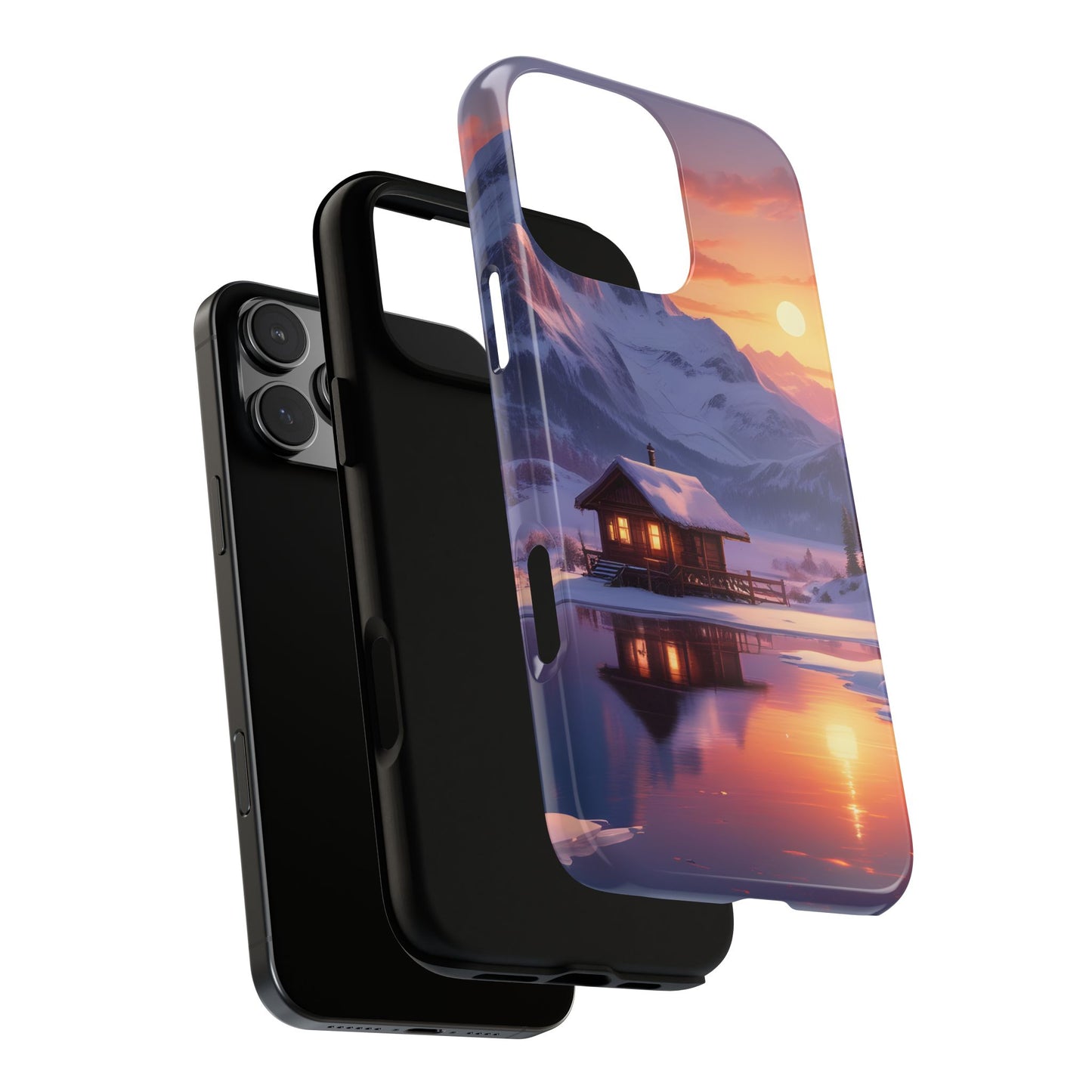 Carcasa para teléfono con diseño de cabaña en la montaña nevada, fundas resistentes para amantes de la naturaleza, cubierta de teléfono con paisaje pintoresco, regalo para excursionistas, accesorio para aventuras al aire libre.
