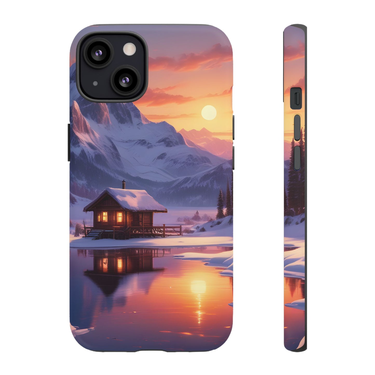 Carcasa para teléfono con diseño de cabaña en la montaña nevada, fundas resistentes para amantes de la naturaleza, cubierta de teléfono con paisaje pintoresco, regalo para excursionistas, accesorio para aventuras al aire libre.
