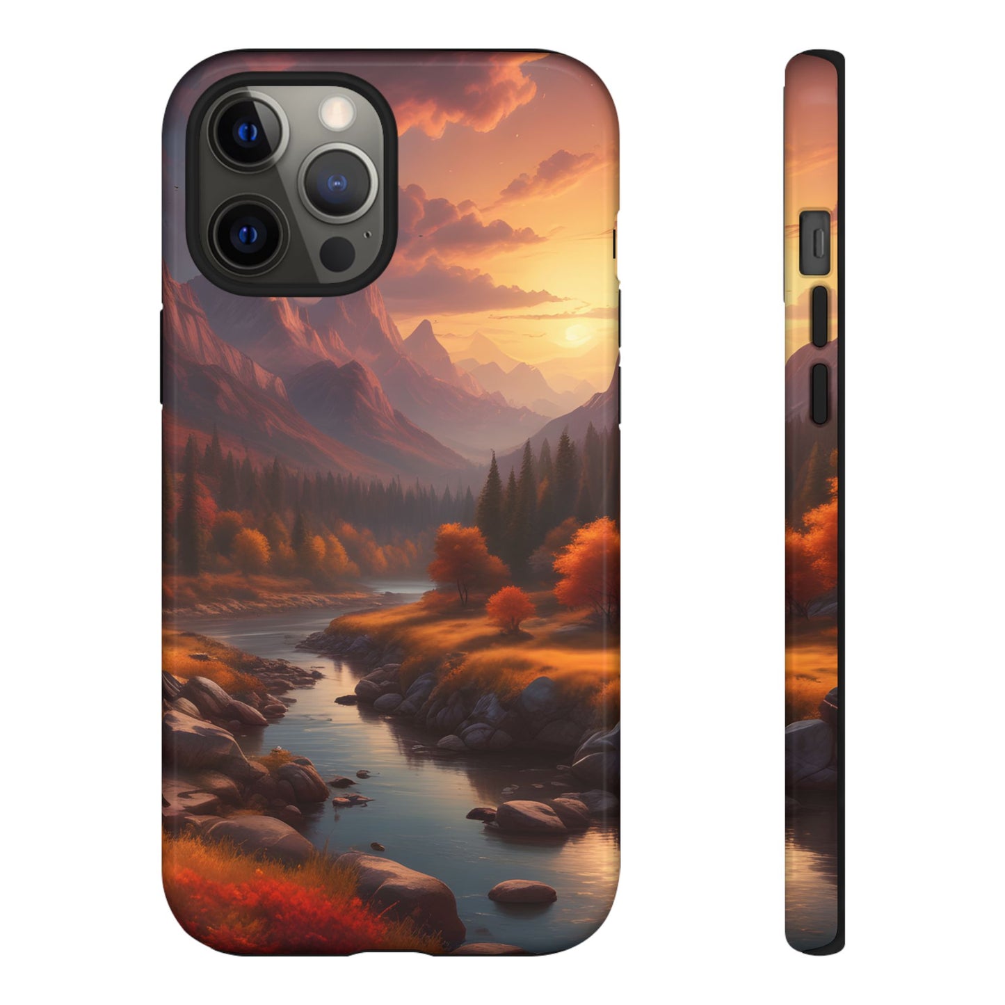 Carcasa para teléfono con diseño de atardecer otoñal en la montaña, regalo para amantes de la naturaleza, funda resistente para teléfono, accesorio para aventuras al aire libre, funda con arte paisajístico.