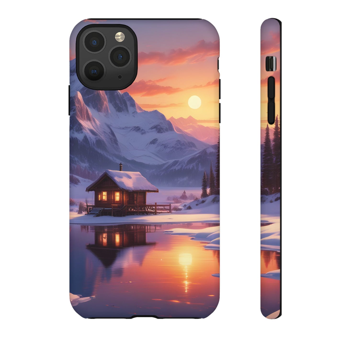 Carcasa para teléfono con diseño de cabaña en la montaña nevada, fundas resistentes para amantes de la naturaleza, cubierta de teléfono con paisaje pintoresco, regalo para excursionistas, accesorio para aventuras al aire libre.