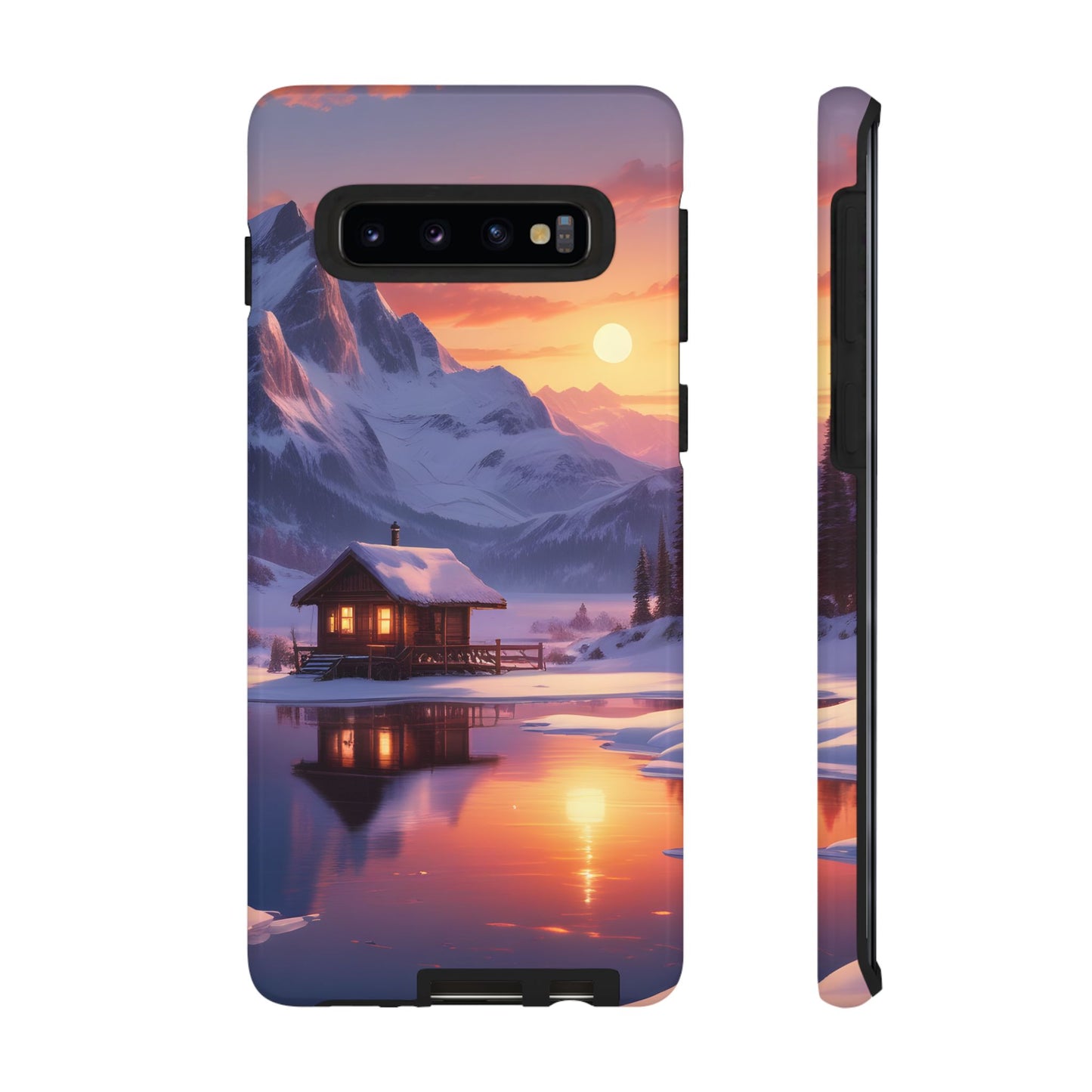 Carcasa para teléfono con diseño de cabaña en la montaña nevada, fundas resistentes para amantes de la naturaleza, cubierta de teléfono con paisaje pintoresco, regalo para excursionistas, accesorio para aventuras al aire libre.