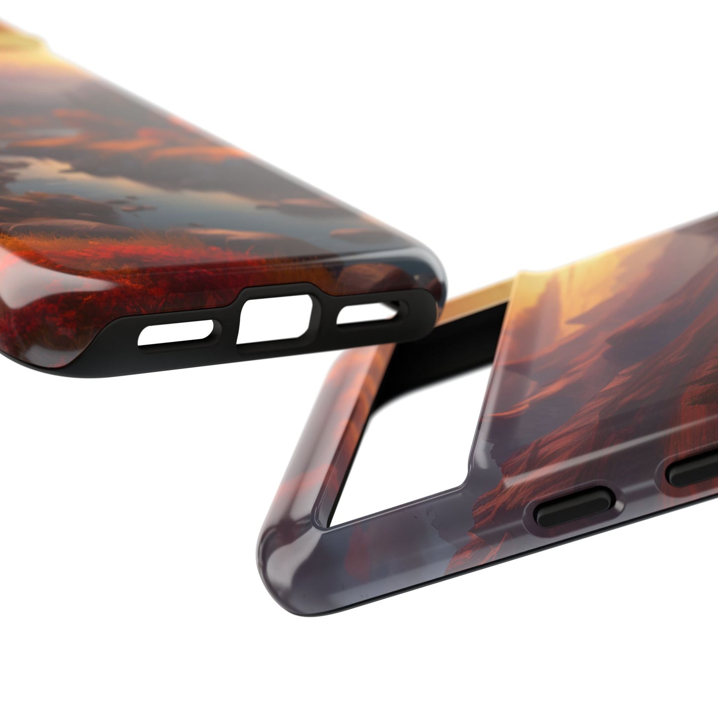 Carcasa para teléfono con diseño de atardecer otoñal en la montaña, regalo para amantes de la naturaleza, funda resistente para teléfono, accesorio para aventuras al aire libre, funda con arte paisajístico.
