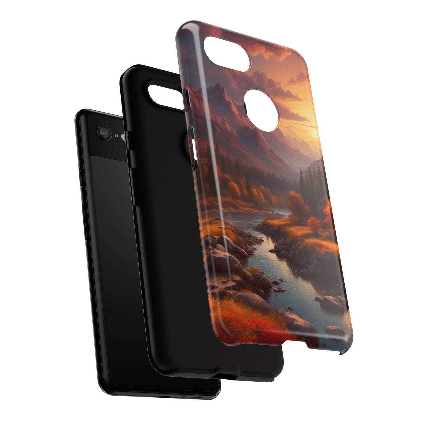 Carcasa para teléfono con diseño de atardecer otoñal en la montaña, regalo para amantes de la naturaleza, funda resistente para teléfono, accesorio para aventuras al aire libre, funda con arte paisajístico.