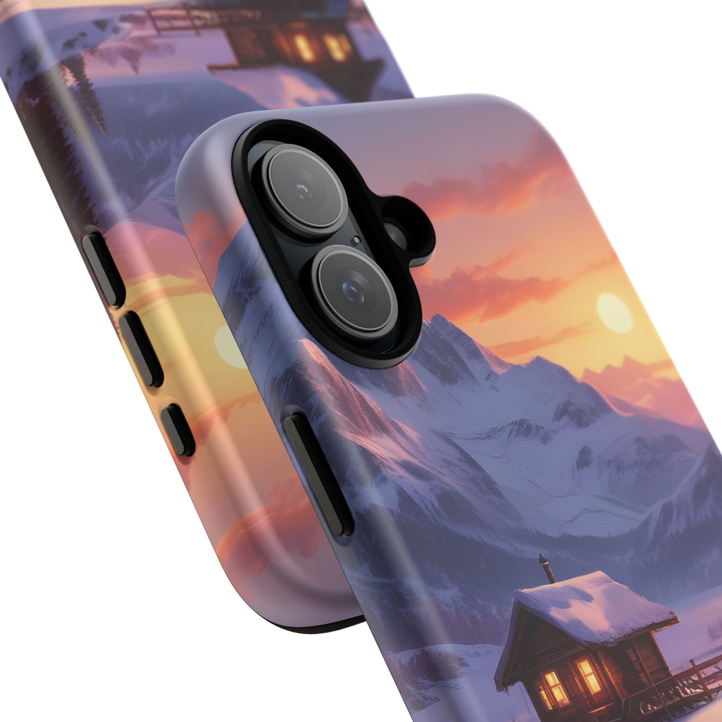 Carcasa para teléfono con diseño de cabaña en la montaña nevada, fundas resistentes para amantes de la naturaleza, cubierta de teléfono con paisaje pintoresco, regalo para excursionistas, accesorio para aventuras al aire libre.