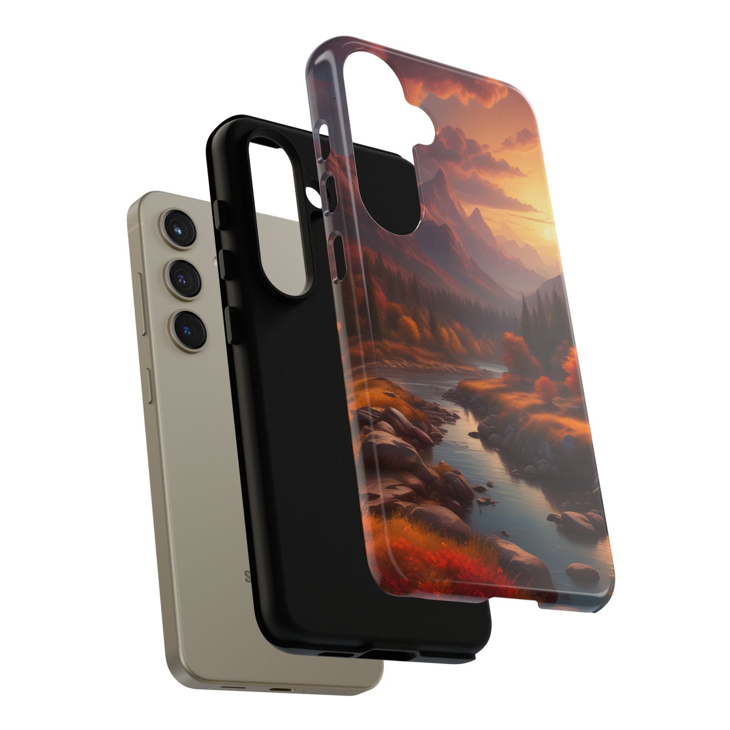 Carcasa para teléfono con diseño de atardecer otoñal en la montaña, regalo para amantes de la naturaleza, funda resistente para teléfono, accesorio para aventuras al aire libre, funda con arte paisajístico.