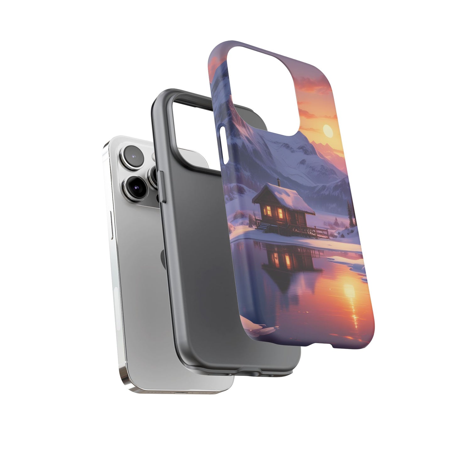 Carcasa para teléfono con diseño de cabaña en la montaña nevada, fundas resistentes para amantes de la naturaleza, cubierta de teléfono con paisaje pintoresco, regalo para excursionistas, accesorio para aventuras al aire libre.