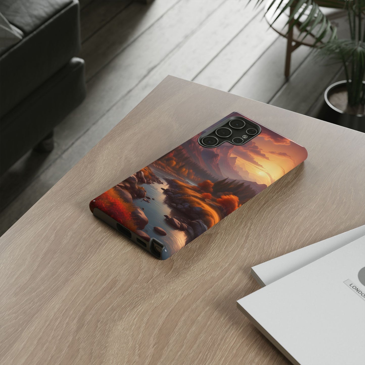 Carcasa para teléfono con diseño de atardecer otoñal en la montaña, regalo para amantes de la naturaleza, funda resistente para teléfono, accesorio para aventuras al aire libre, funda con arte paisajístico.