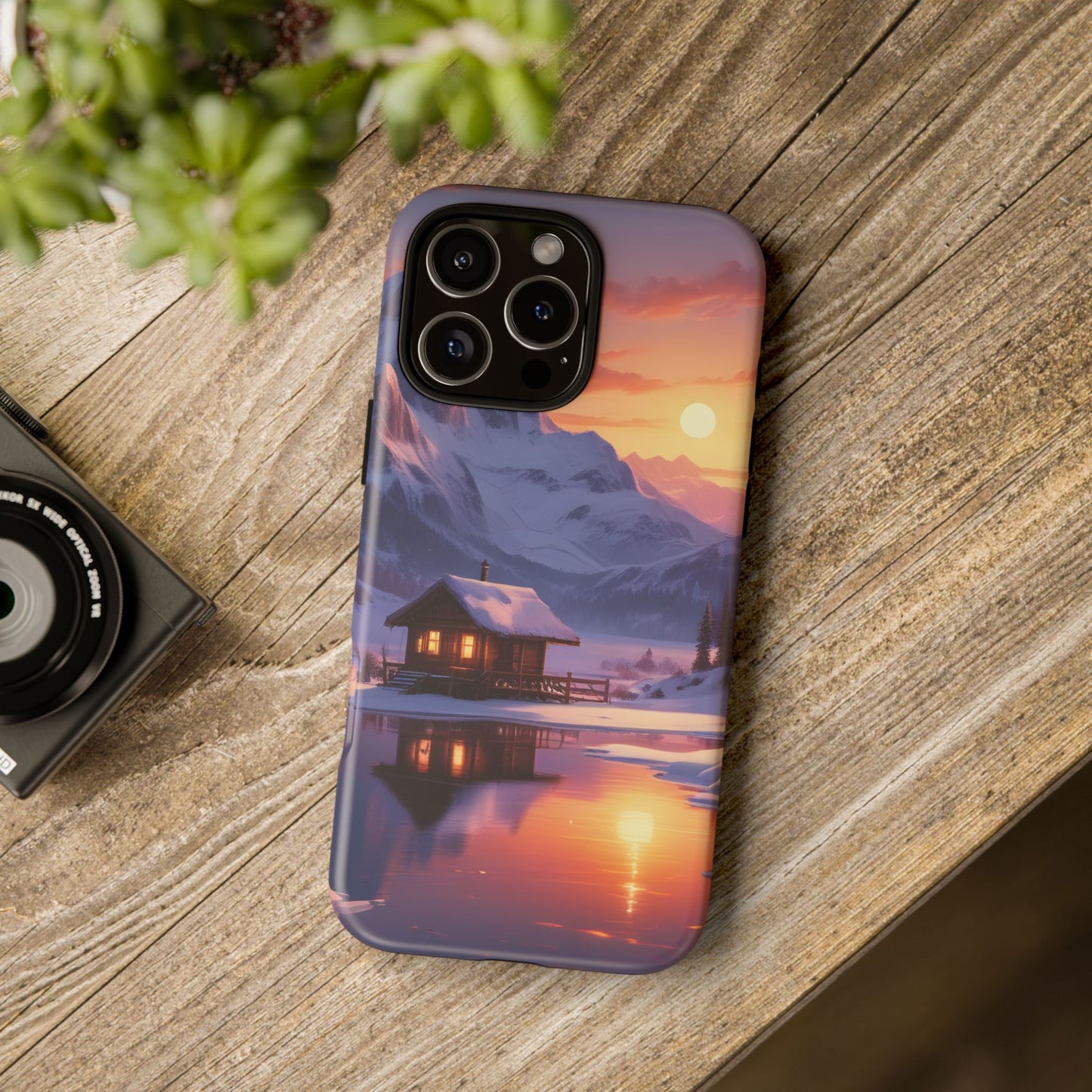 Carcasa para teléfono con diseño de cabaña en la montaña nevada, fundas resistentes para amantes de la naturaleza, cubierta de teléfono con paisaje pintoresco, regalo para excursionistas, accesorio para aventuras al aire libre.