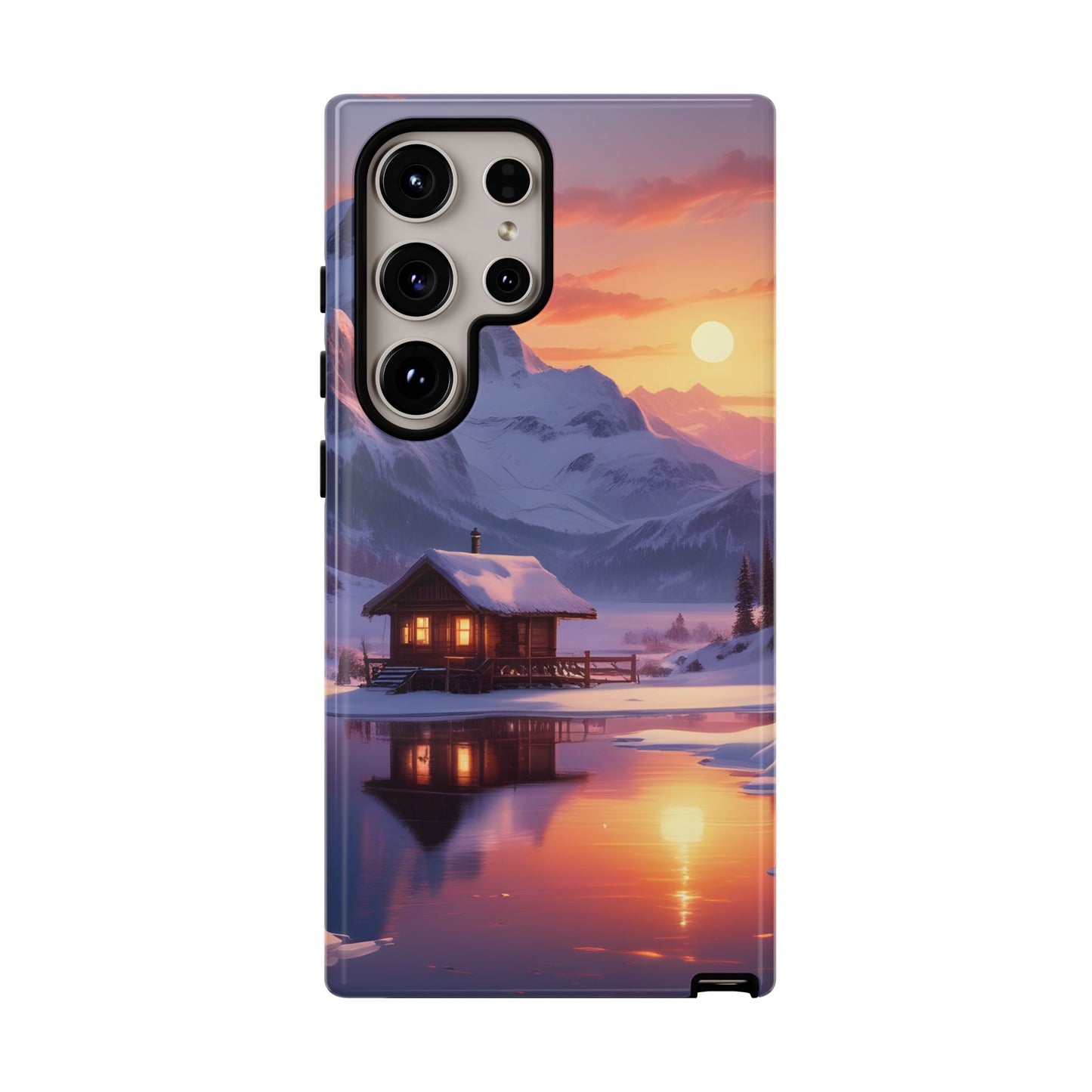 Carcasa para teléfono con diseño de cabaña en la montaña nevada, fundas resistentes para amantes de la naturaleza, cubierta de teléfono con paisaje pintoresco, regalo para excursionistas, accesorio para aventuras al aire libre.