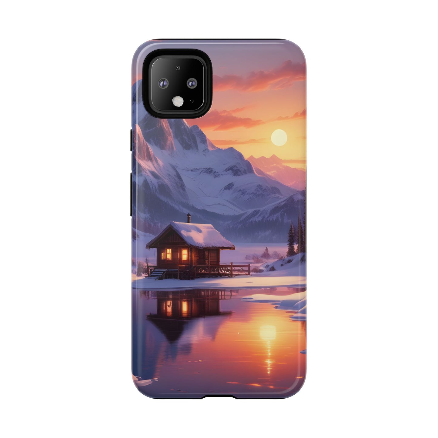 Carcasa para teléfono con diseño de cabaña en la montaña nevada, fundas resistentes para amantes de la naturaleza, cubierta de teléfono con paisaje pintoresco, regalo para excursionistas, accesorio para aventuras al aire libre.