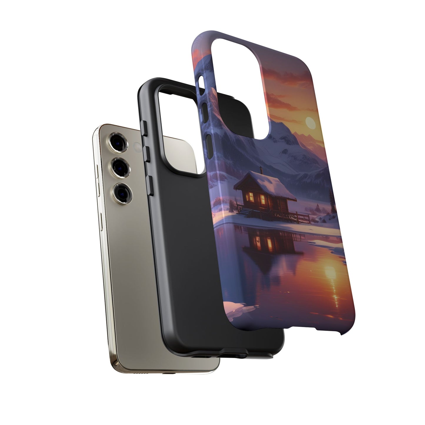 Carcasa para teléfono con diseño de cabaña en la montaña nevada, fundas resistentes para amantes de la naturaleza, cubierta de teléfono con paisaje pintoresco, regalo para excursionistas, accesorio para aventuras al aire libre.