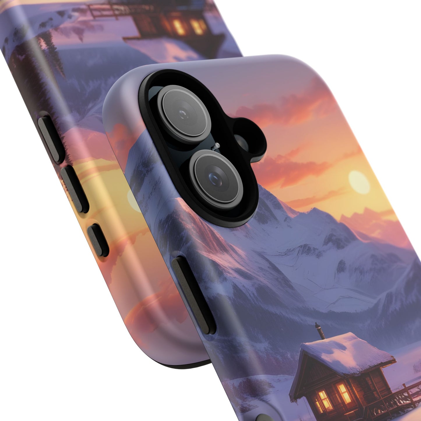 Carcasa para teléfono con diseño de cabaña en la montaña nevada, fundas resistentes para amantes de la naturaleza, cubierta de teléfono con paisaje pintoresco, regalo para excursionistas, accesorio para aventuras al aire libre.