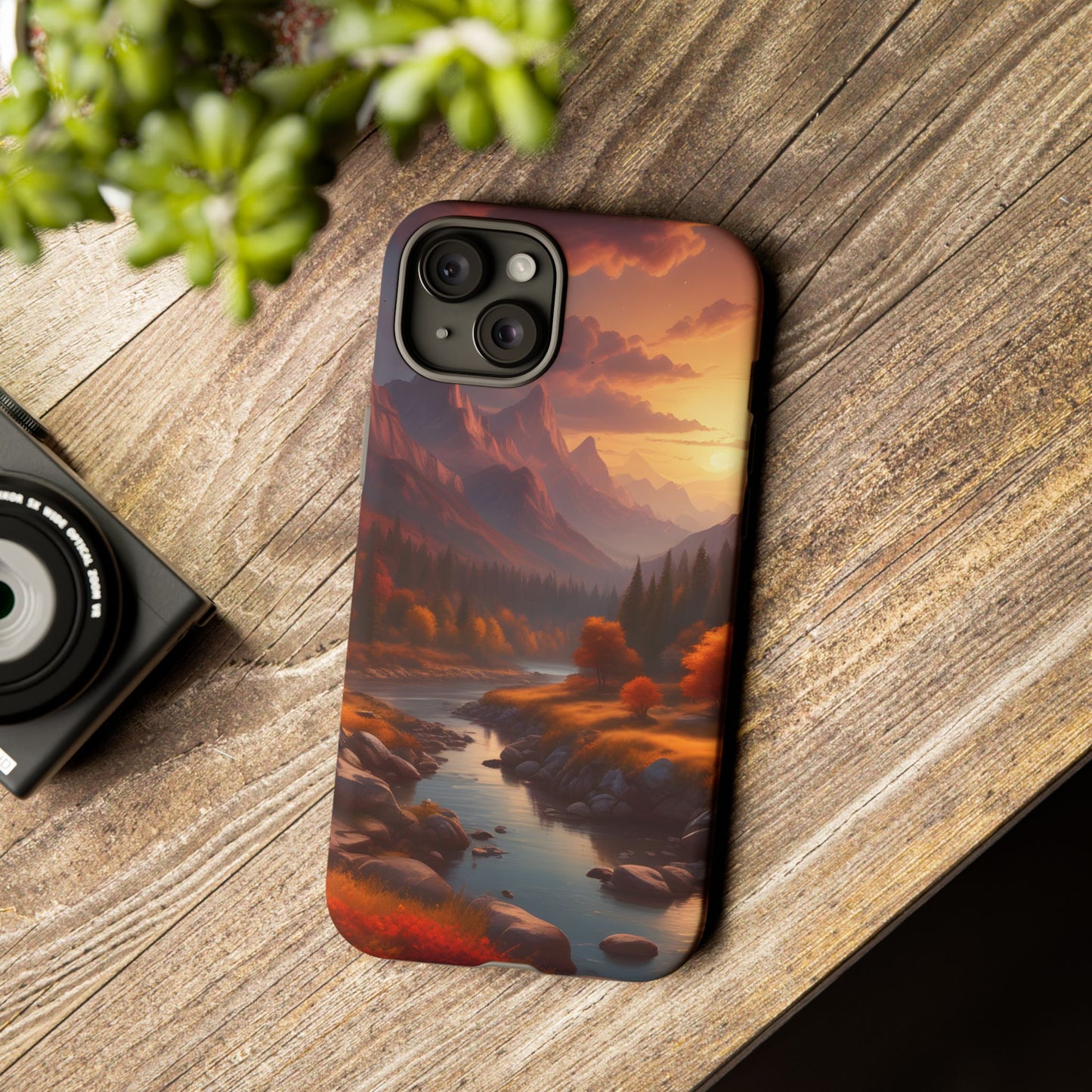 Carcasa para teléfono con diseño de atardecer otoñal en la montaña, regalo para amantes de la naturaleza, funda resistente para teléfono, accesorio para aventuras al aire libre, funda con arte paisajístico.