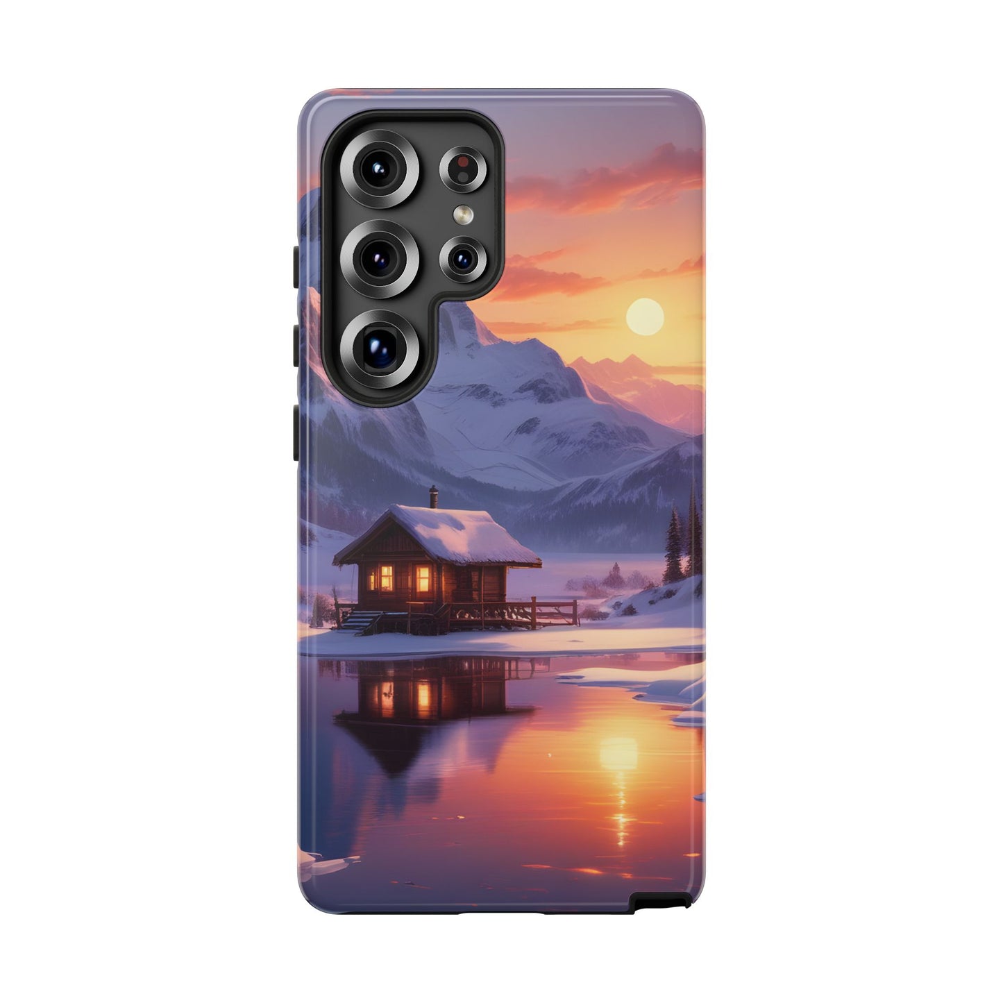 Carcasa para teléfono con diseño de cabaña en la montaña nevada, fundas resistentes para amantes de la naturaleza, cubierta de teléfono con paisaje pintoresco, regalo para excursionistas, accesorio para aventuras al aire libre.