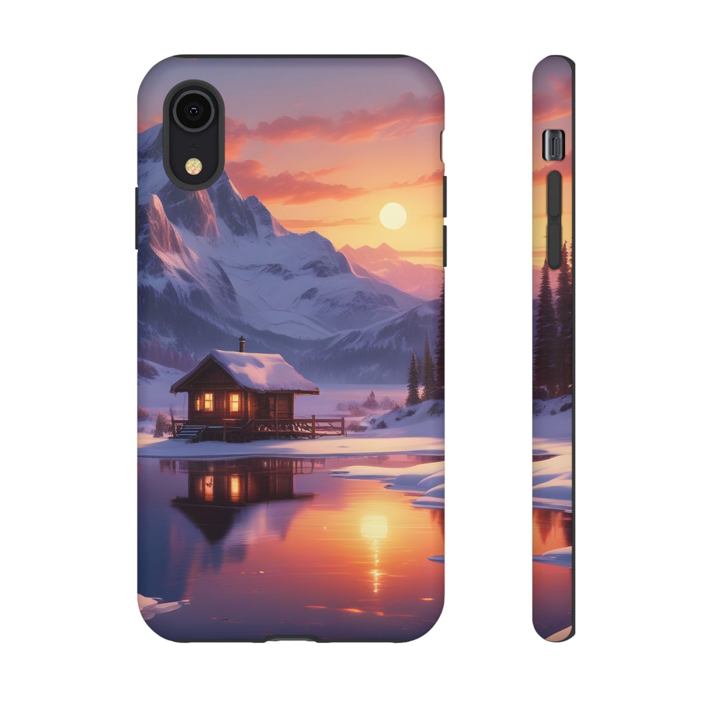 Carcasa para teléfono con diseño de cabaña en la montaña nevada, fundas resistentes para amantes de la naturaleza, cubierta de teléfono con paisaje pintoresco, regalo para excursionistas, accesorio para aventuras al aire libre.