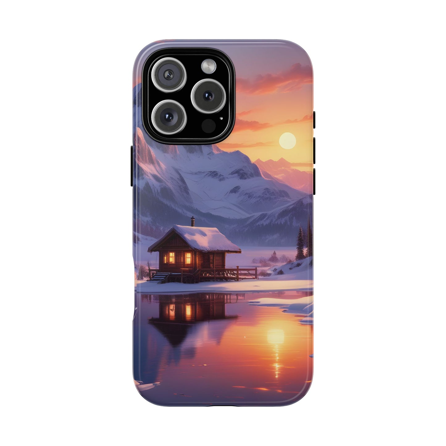 Carcasa para teléfono con diseño de cabaña en la montaña nevada, fundas resistentes para amantes de la naturaleza, cubierta de teléfono con paisaje pintoresco, regalo para excursionistas, accesorio para aventuras al aire libre.