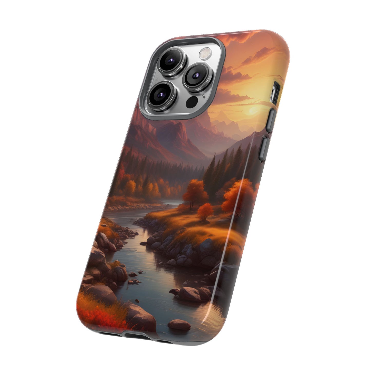 Carcasa para teléfono con diseño de atardecer otoñal en la montaña, regalo para amantes de la naturaleza, funda resistente para teléfono, accesorio para aventuras al aire libre, funda con arte paisajístico.