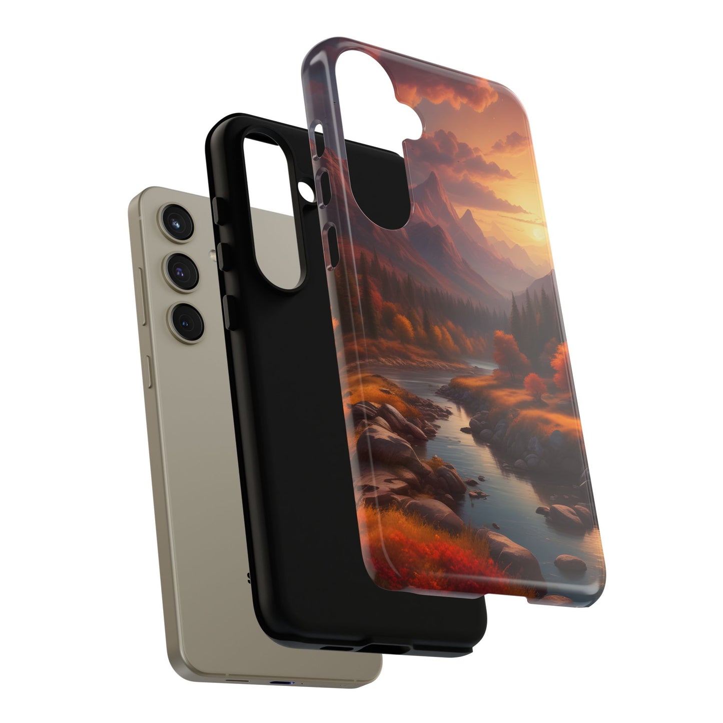 Carcasa para teléfono con diseño de atardecer otoñal en la montaña, regalo para amantes de la naturaleza, funda resistente para teléfono, accesorio para aventuras al aire libre, funda con arte paisajístico.