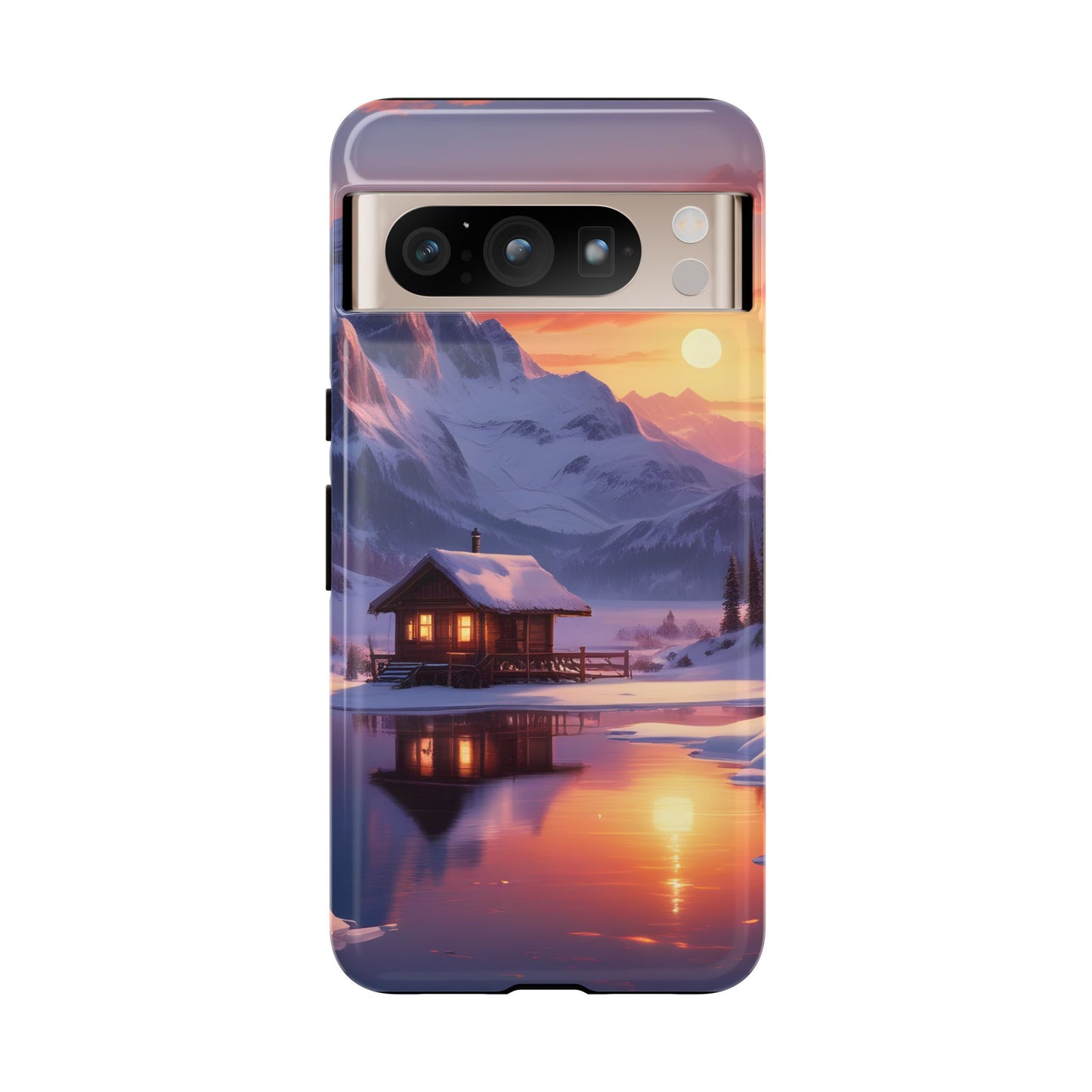 Carcasa para teléfono con diseño de cabaña en la montaña nevada, fundas resistentes para amantes de la naturaleza, cubierta de teléfono con paisaje pintoresco, regalo para excursionistas, accesorio para aventuras al aire libre.
