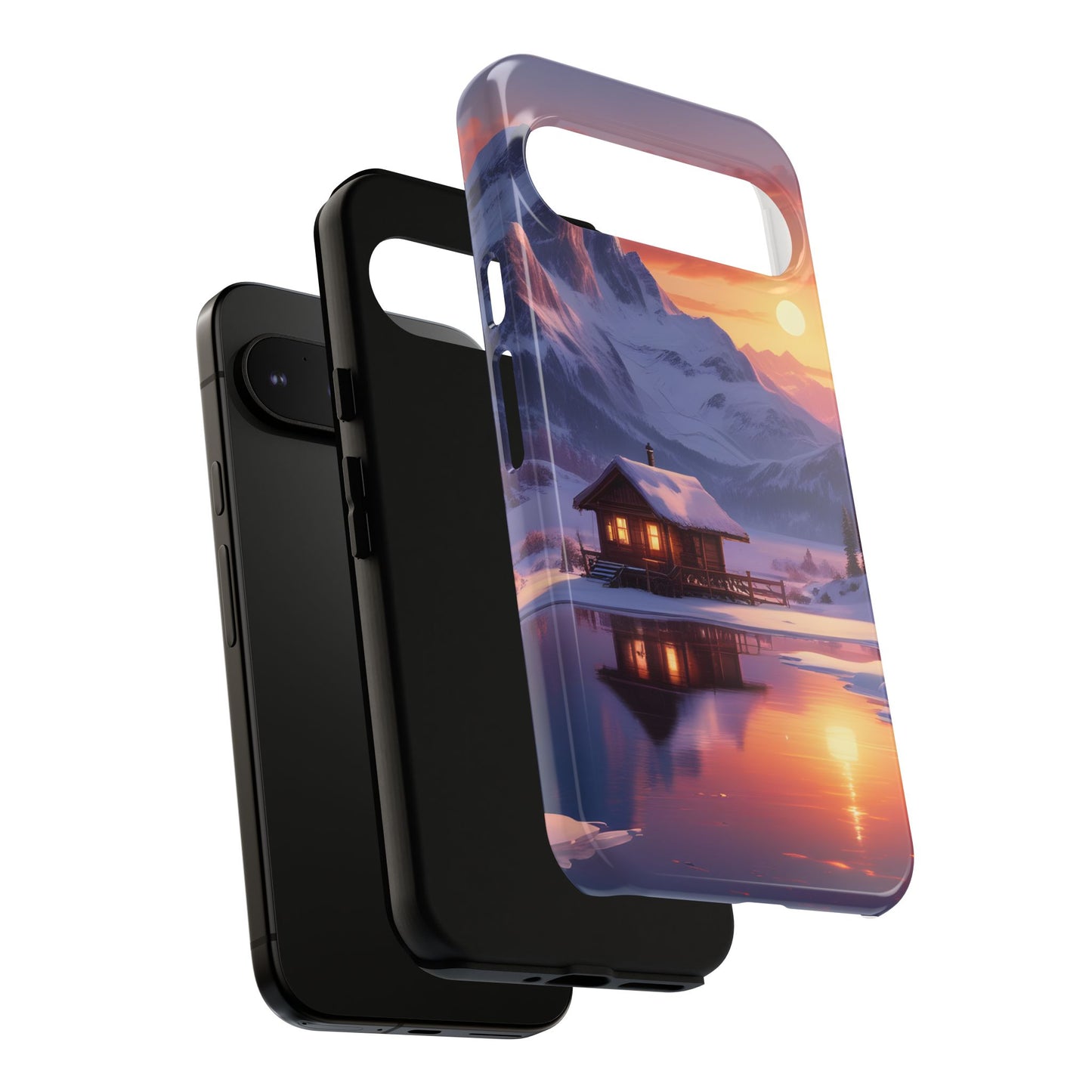 Carcasa para teléfono con diseño de cabaña en la montaña nevada, fundas resistentes para amantes de la naturaleza, cubierta de teléfono con paisaje pintoresco, regalo para excursionistas, accesorio para aventuras al aire libre.