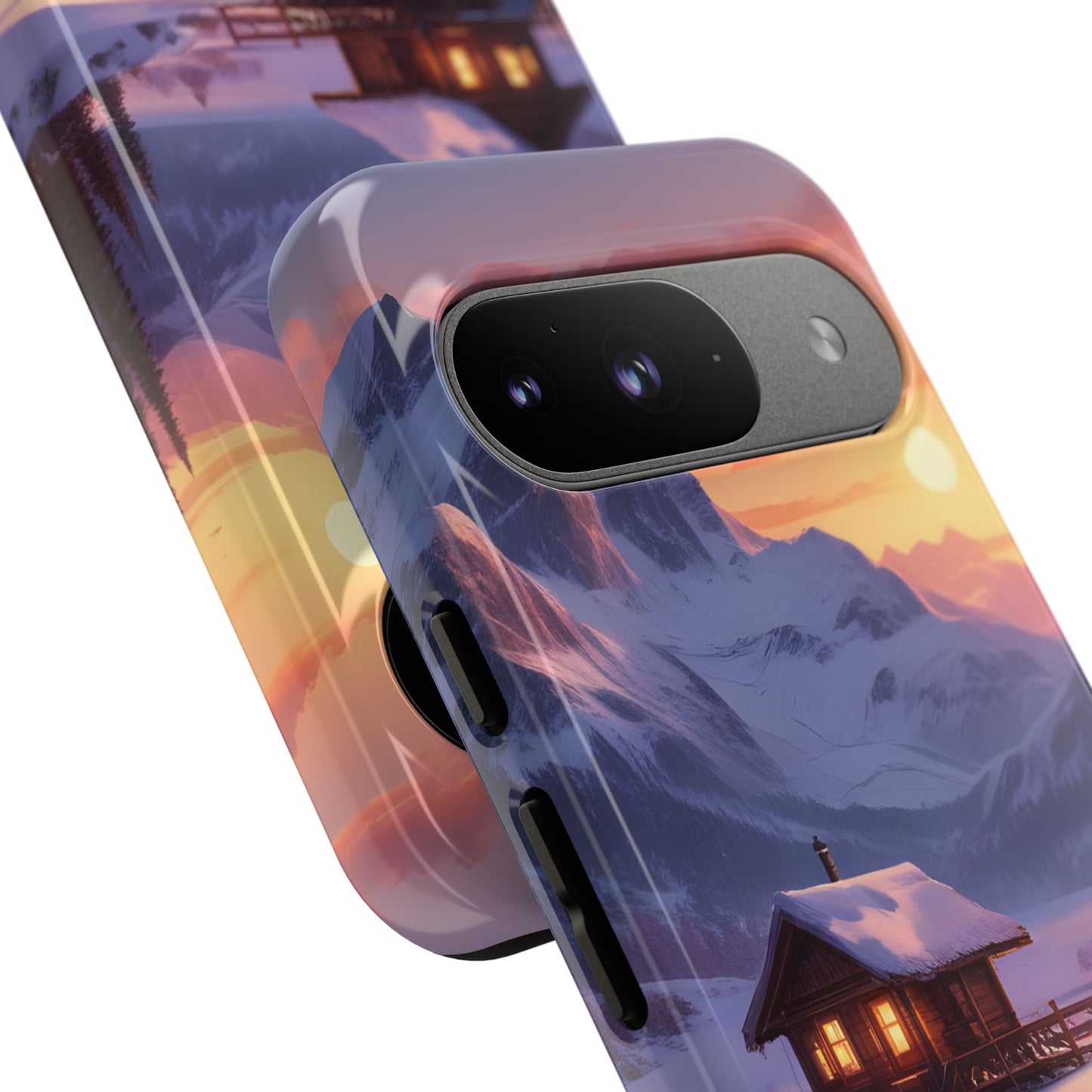 Carcasa para teléfono con diseño de cabaña en la montaña nevada, fundas resistentes para amantes de la naturaleza, cubierta de teléfono con paisaje pintoresco, regalo para excursionistas, accesorio para aventuras al aire libre.