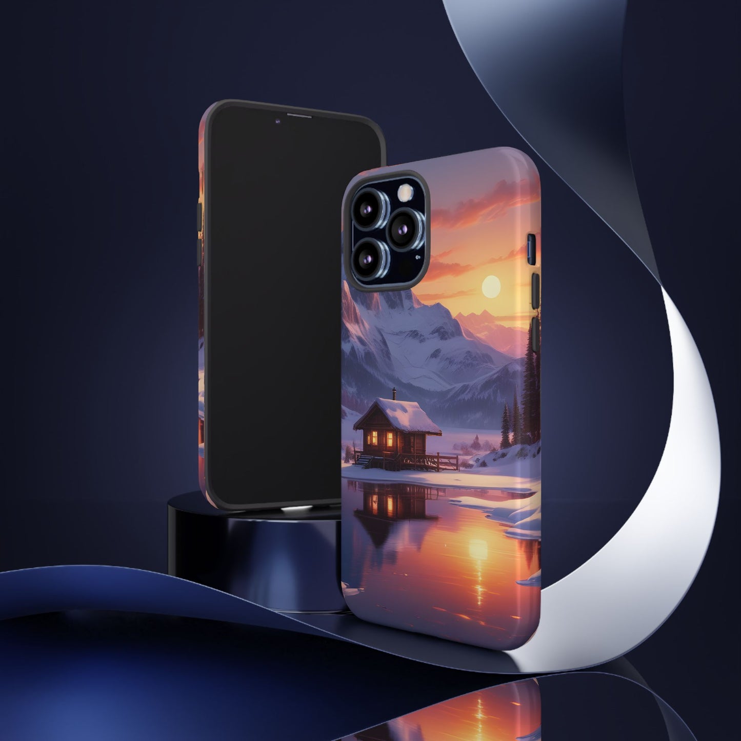 Carcasa para teléfono con diseño de cabaña en la montaña nevada, fundas resistentes para amantes de la naturaleza, cubierta de teléfono con paisaje pintoresco, regalo para excursionistas, accesorio para aventuras al aire libre.