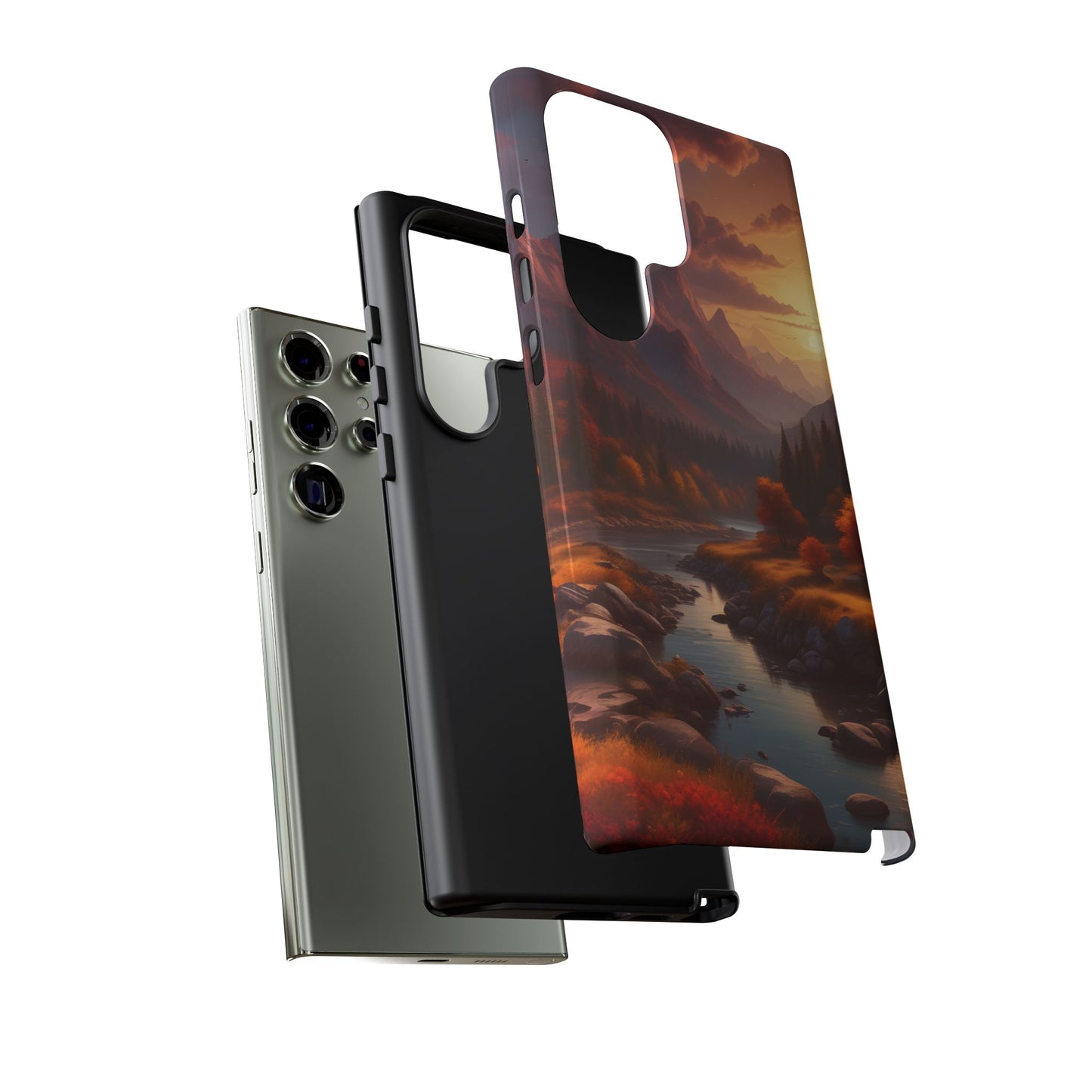 Carcasa para teléfono con diseño de atardecer otoñal en la montaña, regalo para amantes de la naturaleza, funda resistente para teléfono, accesorio para aventuras al aire libre, funda con arte paisajístico.