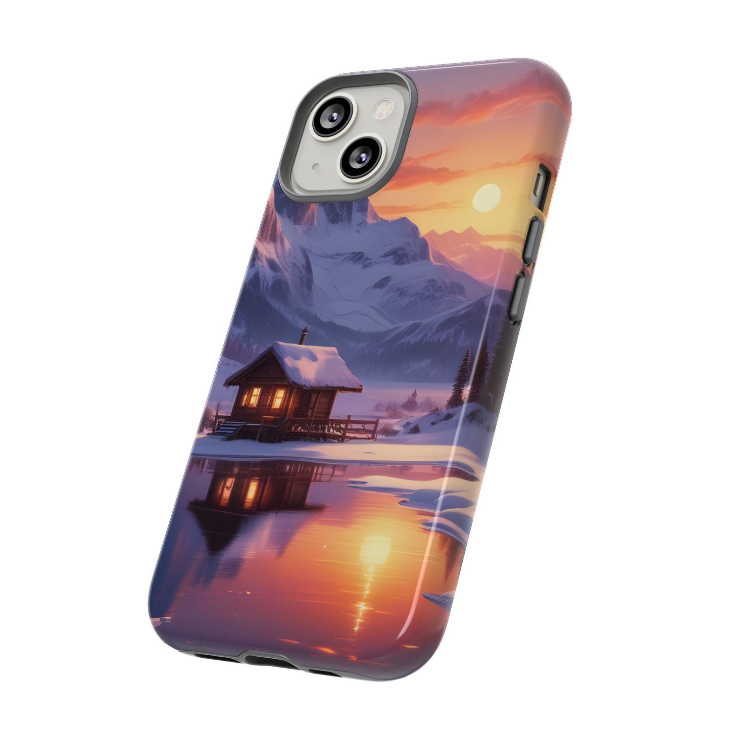 Carcasa para teléfono con diseño de cabaña en la montaña nevada, fundas resistentes para amantes de la naturaleza, cubierta de teléfono con paisaje pintoresco, regalo para excursionistas, accesorio para aventuras al aire libre.