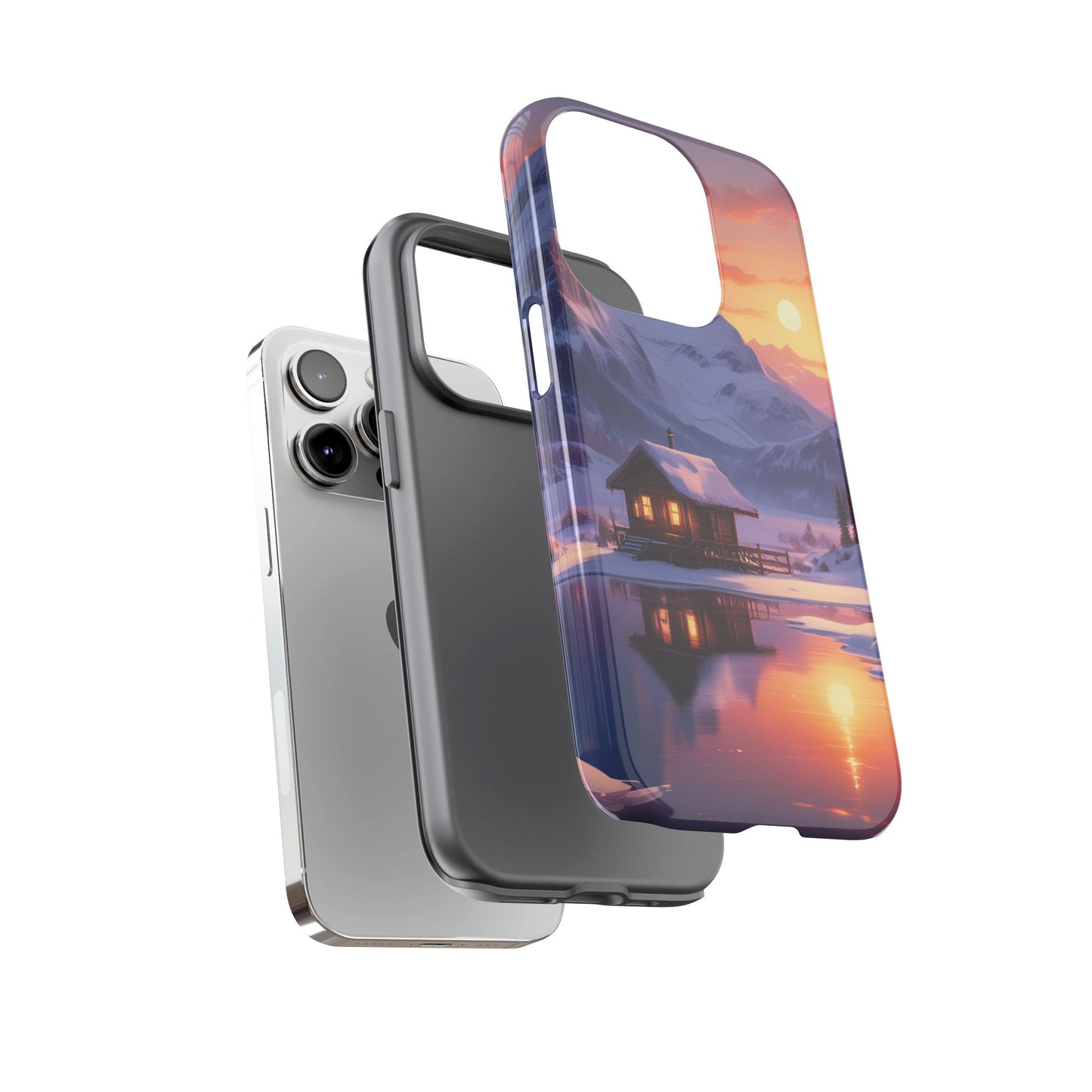 Carcasa para teléfono con diseño de cabaña en la montaña nevada, fundas resistentes para amantes de la naturaleza, cubierta de teléfono con paisaje pintoresco, regalo para excursionistas, accesorio para aventuras al aire libre.