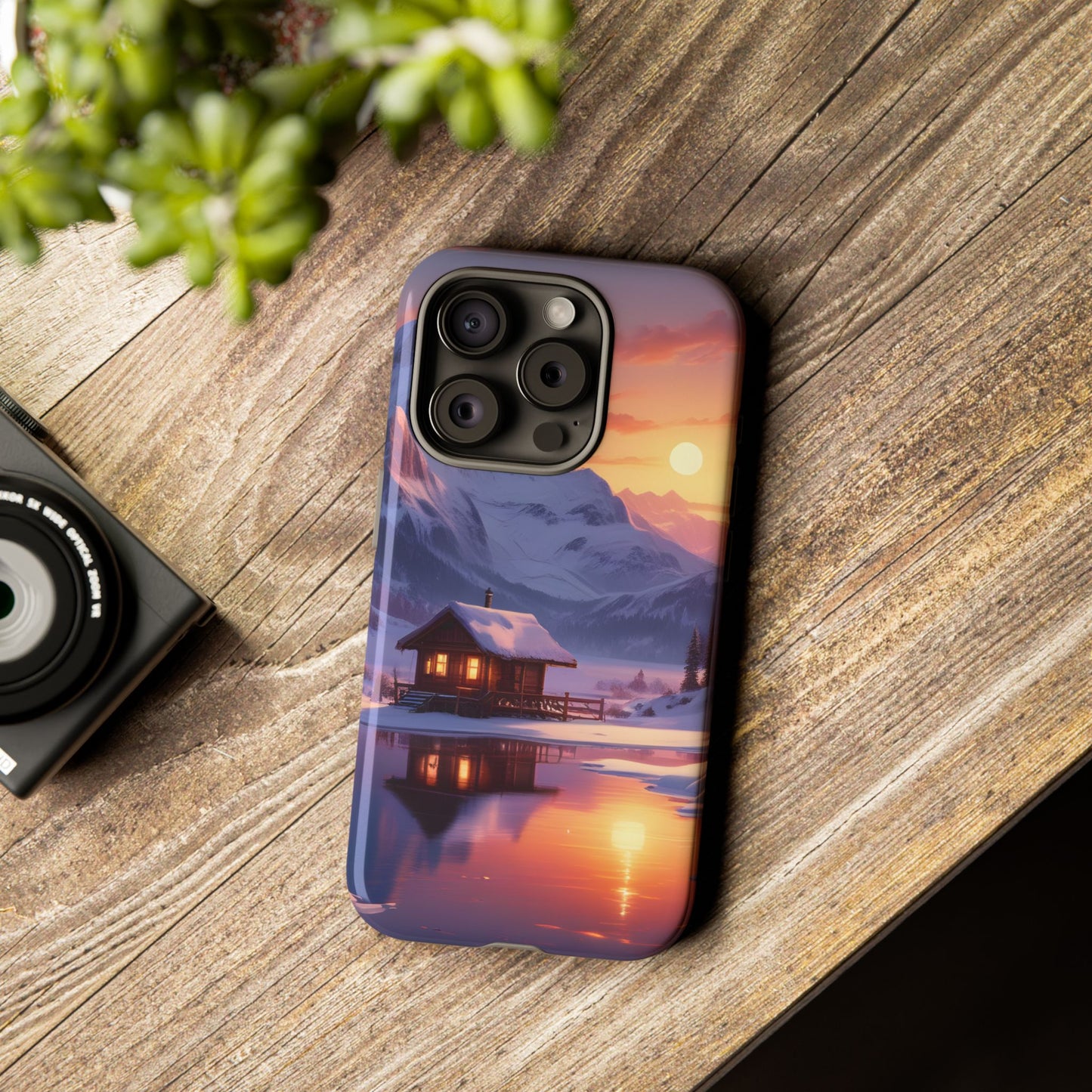 Carcasa para teléfono con diseño de cabaña en la montaña nevada, fundas resistentes para amantes de la naturaleza, cubierta de teléfono con paisaje pintoresco, regalo para excursionistas, accesorio para aventuras al aire libre.
