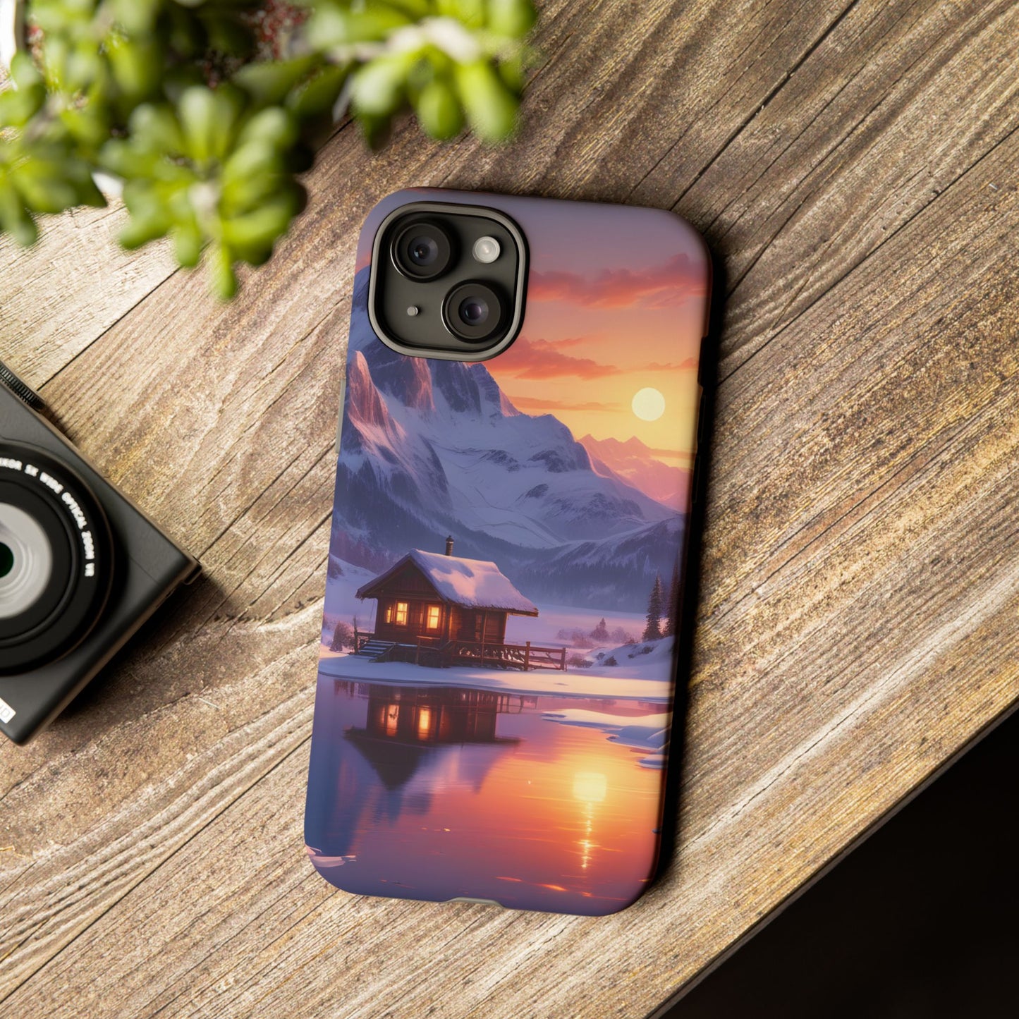 Carcasa para teléfono con diseño de cabaña en la montaña nevada, fundas resistentes para amantes de la naturaleza, cubierta de teléfono con paisaje pintoresco, regalo para excursionistas, accesorio para aventuras al aire libre.