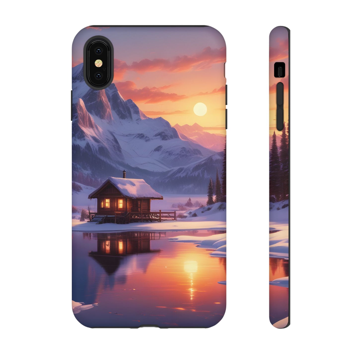 Carcasa para teléfono con diseño de cabaña en la montaña nevada, fundas resistentes para amantes de la naturaleza, cubierta de teléfono con paisaje pintoresco, regalo para excursionistas, accesorio para aventuras al aire libre.