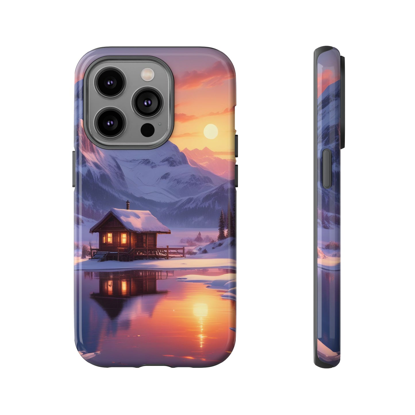 Carcasa para teléfono con diseño de cabaña en la montaña nevada, fundas resistentes para amantes de la naturaleza, cubierta de teléfono con paisaje pintoresco, regalo para excursionistas, accesorio para aventuras al aire libre.