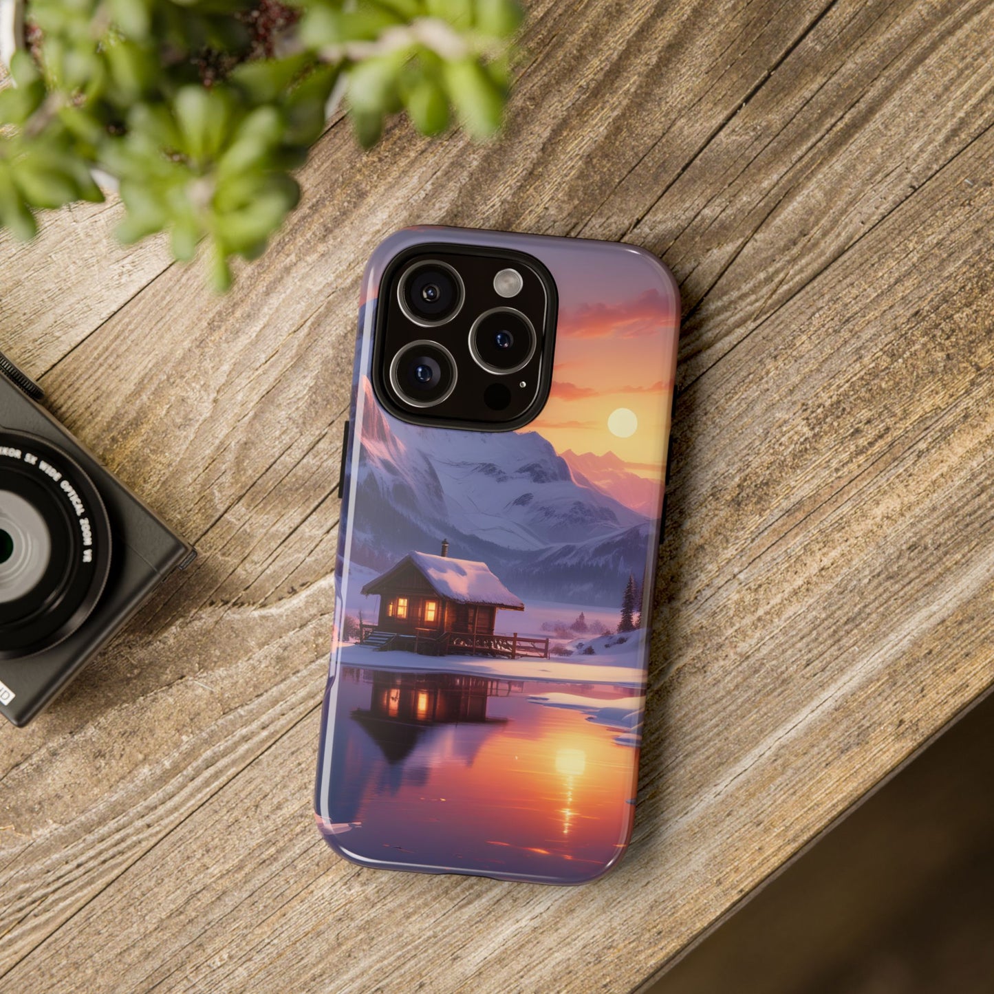 Carcasa para teléfono con diseño de cabaña en la montaña nevada, fundas resistentes para amantes de la naturaleza, cubierta de teléfono con paisaje pintoresco, regalo para excursionistas, accesorio para aventuras al aire libre.