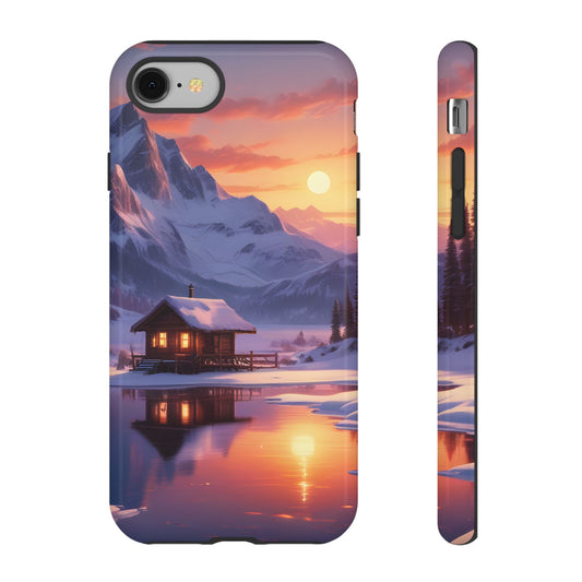 Carcasa para teléfono con diseño de cabaña en la montaña nevada, fundas resistentes para amantes de la naturaleza, cubierta de teléfono con paisaje pintoresco, regalo para excursionistas, accesorio para aventuras al aire libre.