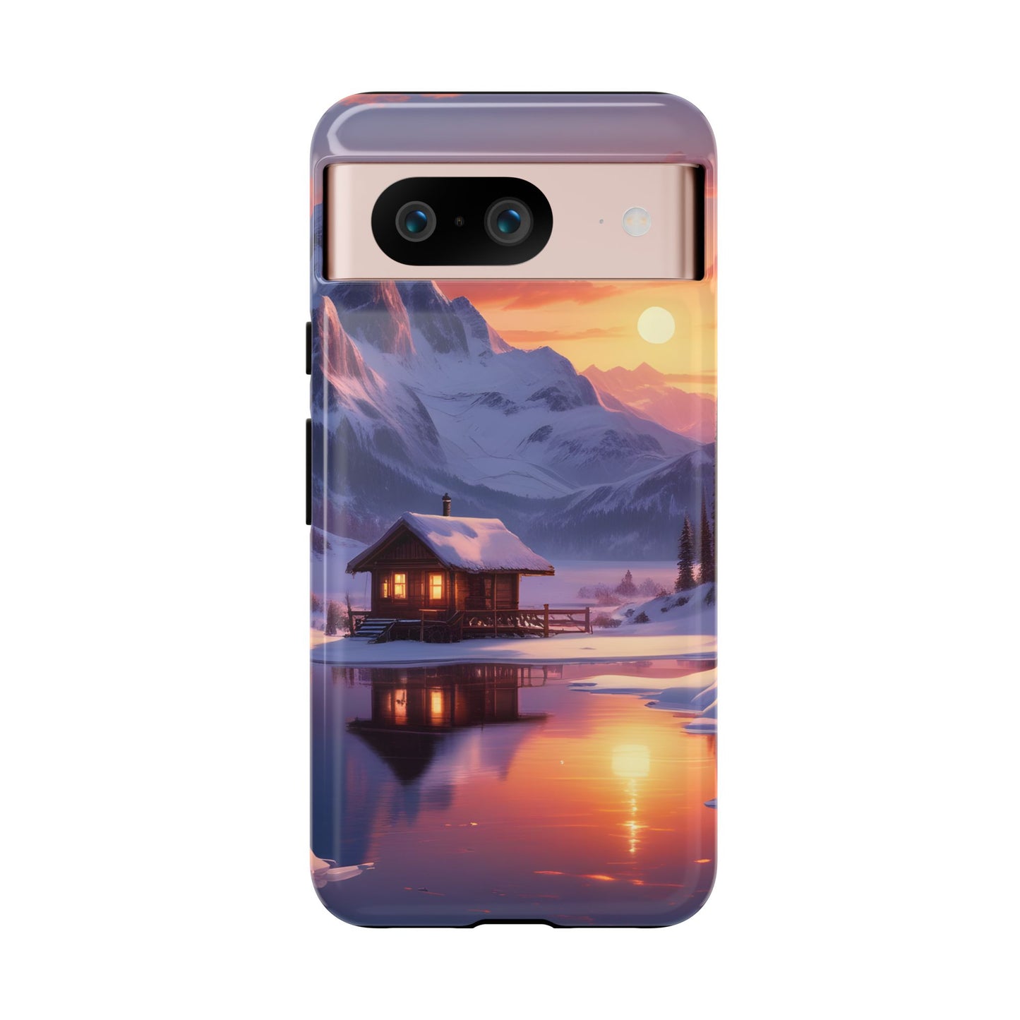 Carcasa para teléfono con diseño de cabaña en la montaña nevada, fundas resistentes para amantes de la naturaleza, cubierta de teléfono con paisaje pintoresco, regalo para excursionistas, accesorio para aventuras al aire libre.