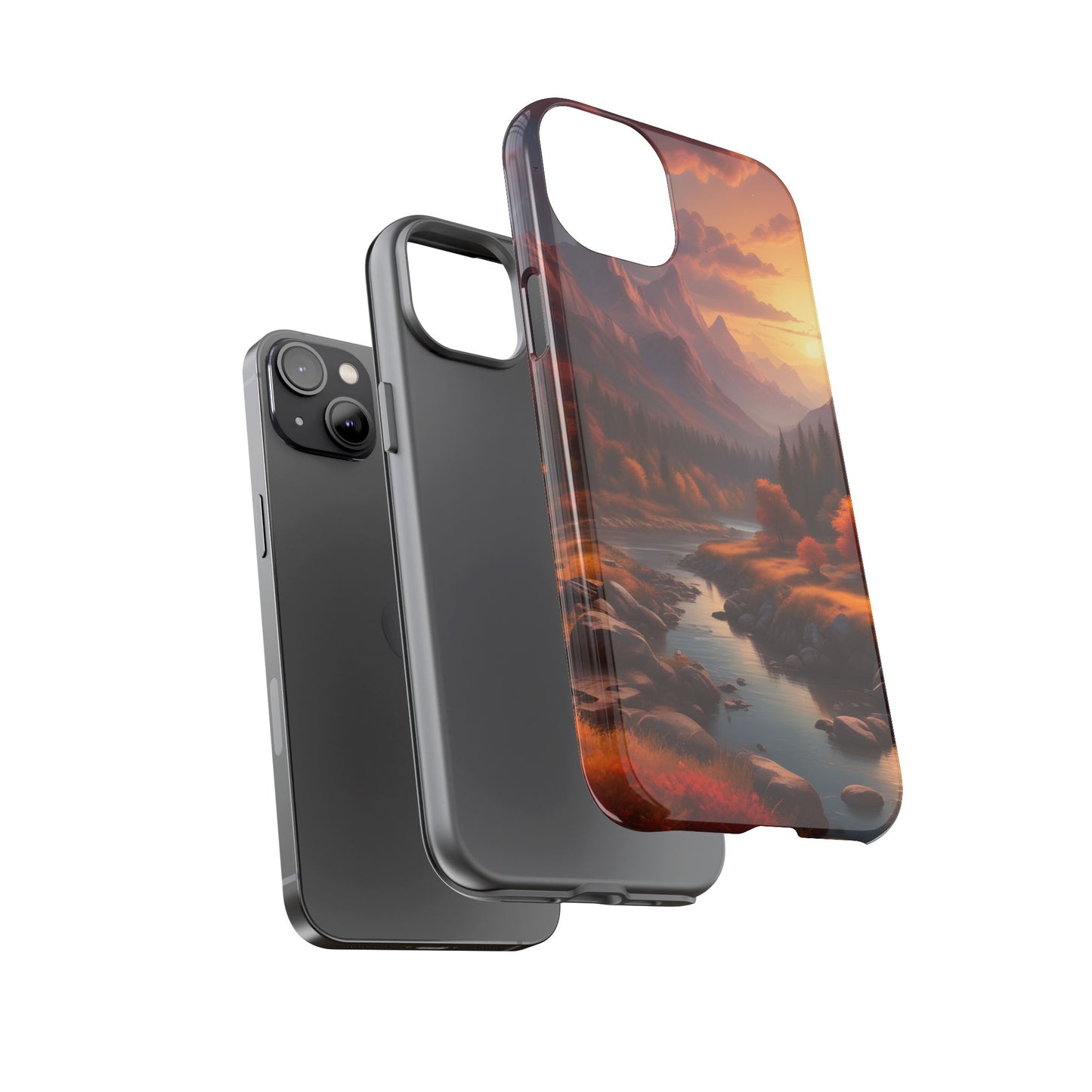 Carcasa para teléfono con diseño de atardecer otoñal en la montaña, regalo para amantes de la naturaleza, funda resistente para teléfono, accesorio para aventuras al aire libre, funda con arte paisajístico.