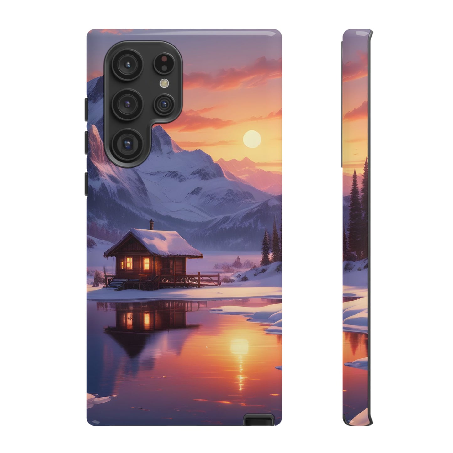 Carcasa para teléfono con diseño de cabaña en la montaña nevada, fundas resistentes para amantes de la naturaleza, cubierta de teléfono con paisaje pintoresco, regalo para excursionistas, accesorio para aventuras al aire libre.