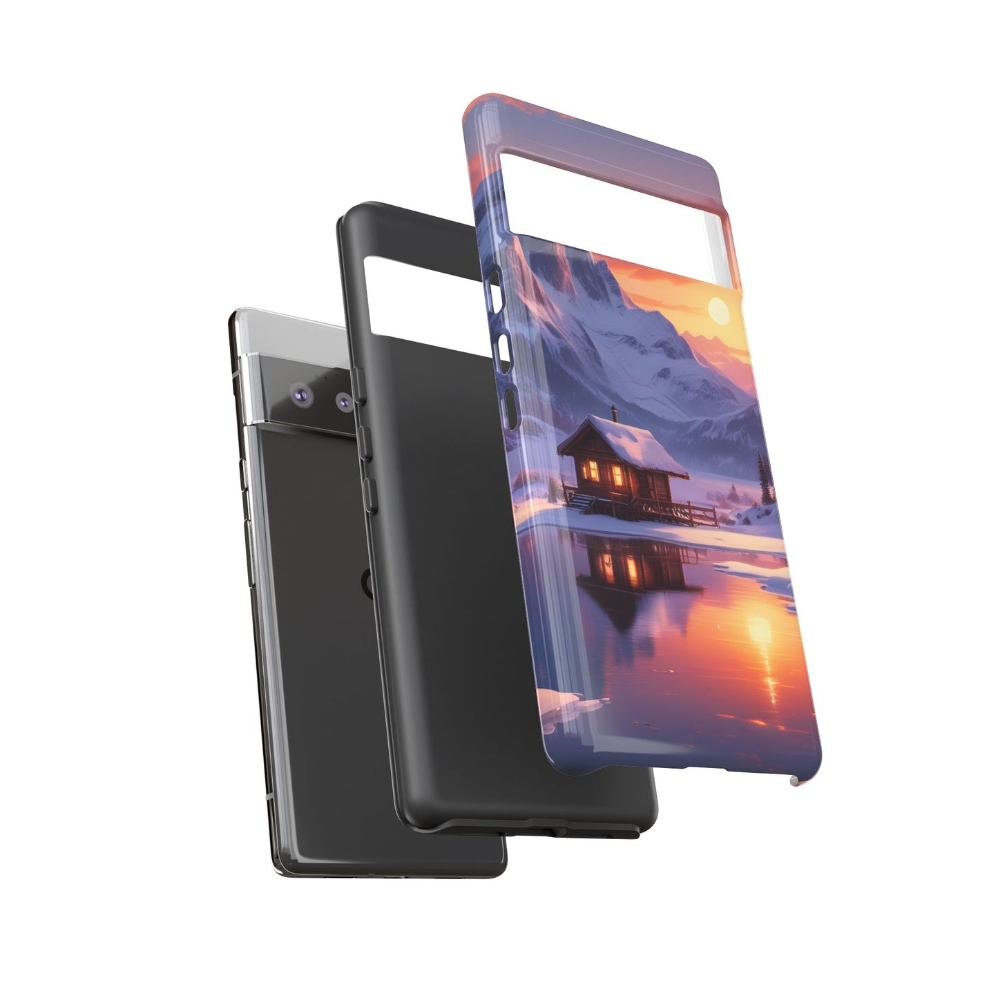 Carcasa para teléfono con diseño de cabaña en la montaña nevada, fundas resistentes para amantes de la naturaleza, cubierta de teléfono con paisaje pintoresco, regalo para excursionistas, accesorio para aventuras al aire libre.