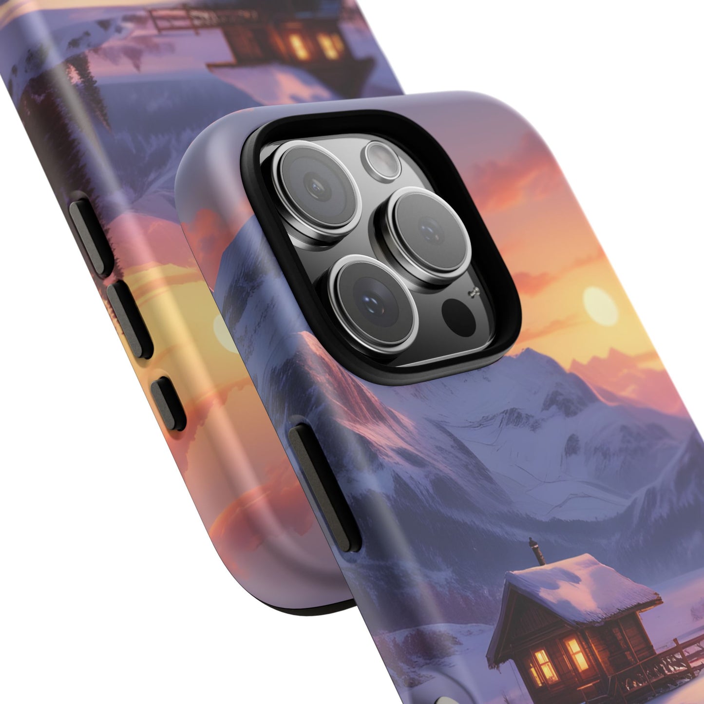 Carcasa para teléfono con diseño de cabaña en la montaña nevada, fundas resistentes para amantes de la naturaleza, cubierta de teléfono con paisaje pintoresco, regalo para excursionistas, accesorio para aventuras al aire libre.