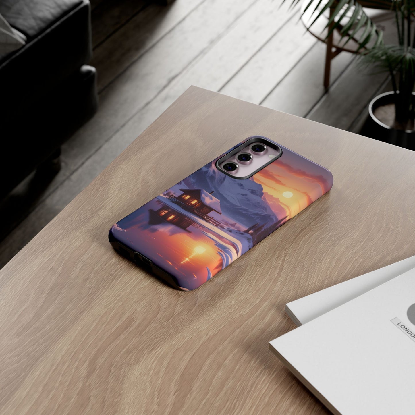 Carcasa para teléfono con diseño de cabaña en la montaña nevada, fundas resistentes para amantes de la naturaleza, cubierta de teléfono con paisaje pintoresco, regalo para excursionistas, accesorio para aventuras al aire libre.