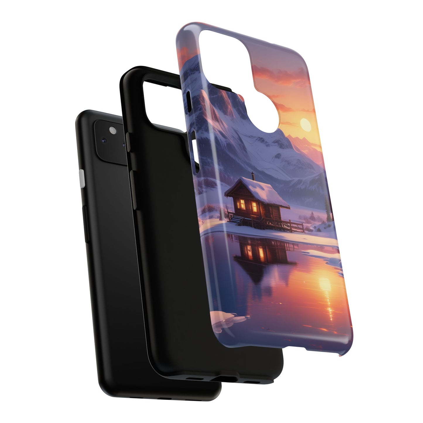 Carcasa para teléfono con diseño de cabaña en la montaña nevada, fundas resistentes para amantes de la naturaleza, cubierta de teléfono con paisaje pintoresco, regalo para excursionistas, accesorio para aventuras al aire libre.