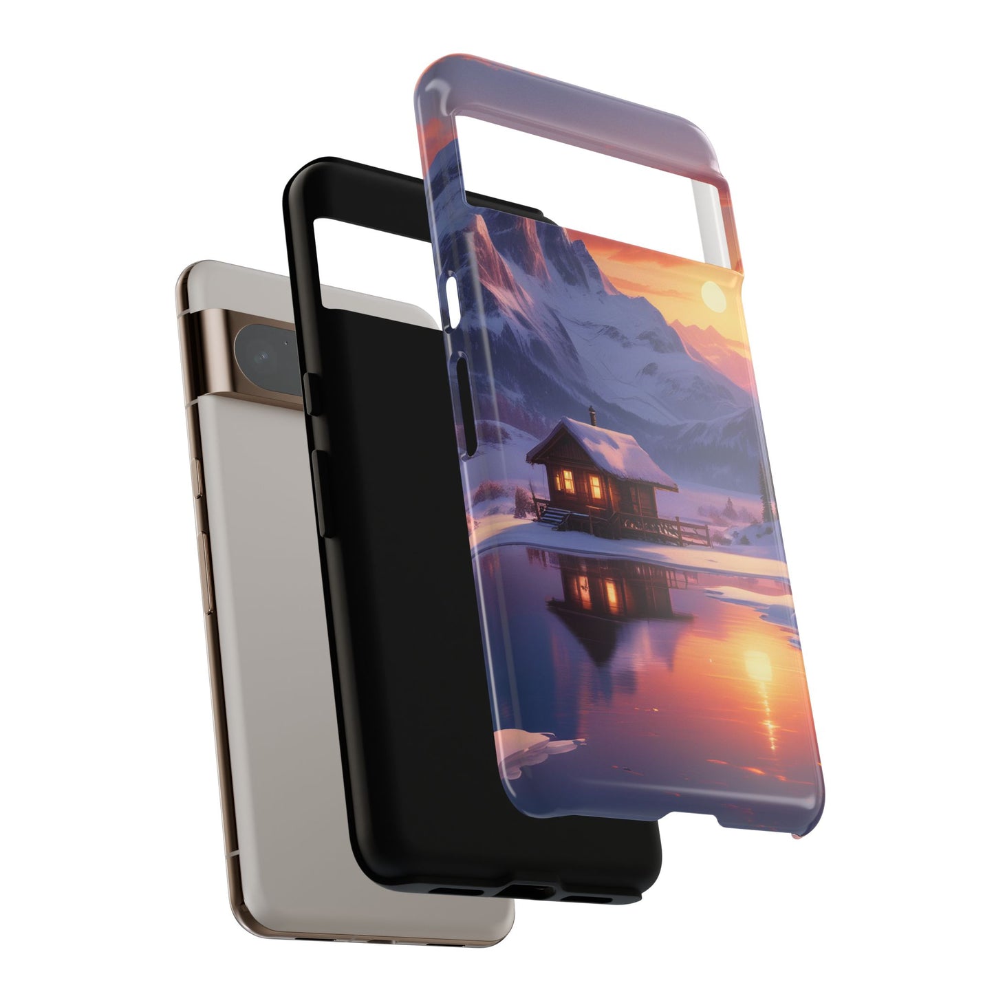 Carcasa para teléfono con diseño de cabaña en la montaña nevada, fundas resistentes para amantes de la naturaleza, cubierta de teléfono con paisaje pintoresco, regalo para excursionistas, accesorio para aventuras al aire libre.