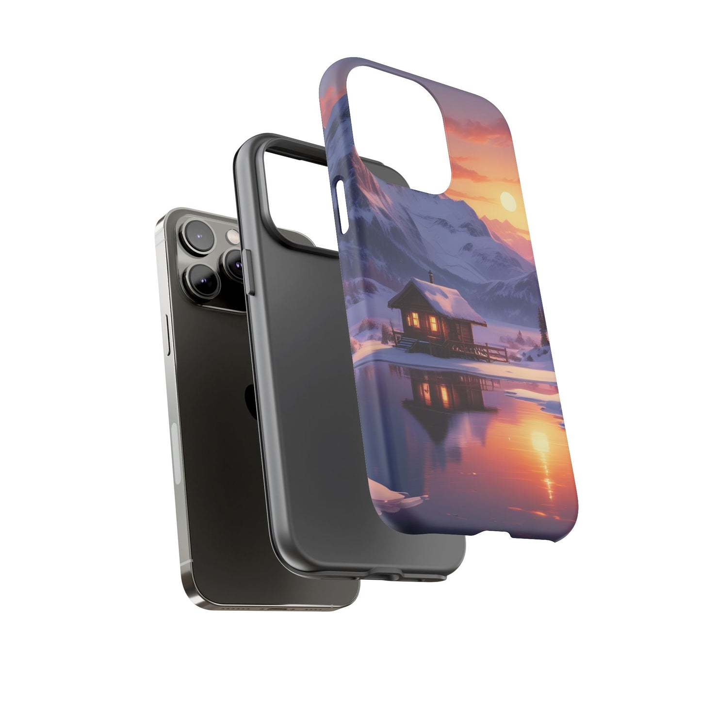 Carcasa para teléfono con diseño de cabaña en la montaña nevada, fundas resistentes para amantes de la naturaleza, cubierta de teléfono con paisaje pintoresco, regalo para excursionistas, accesorio para aventuras al aire libre.
