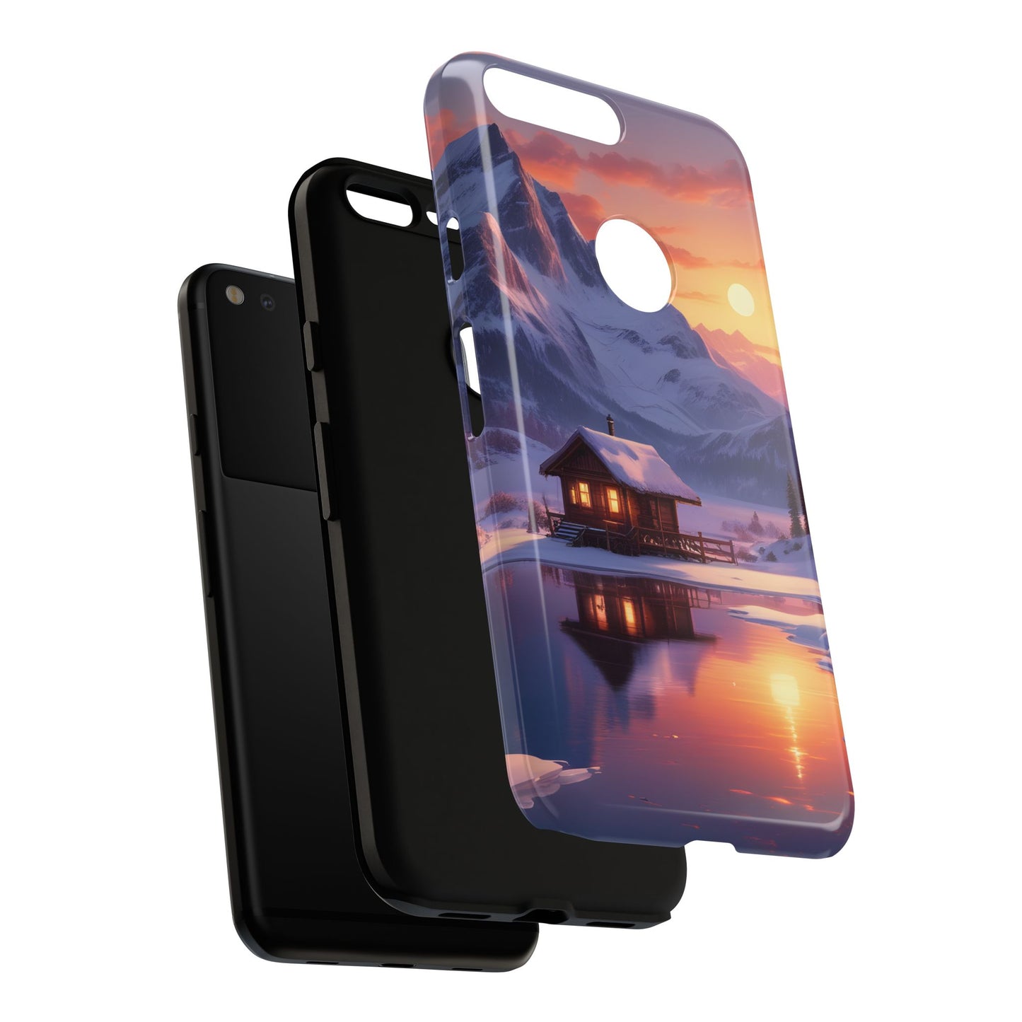 Carcasa para teléfono con diseño de cabaña en la montaña nevada, fundas resistentes para amantes de la naturaleza, cubierta de teléfono con paisaje pintoresco, regalo para excursionistas, accesorio para aventuras al aire libre.